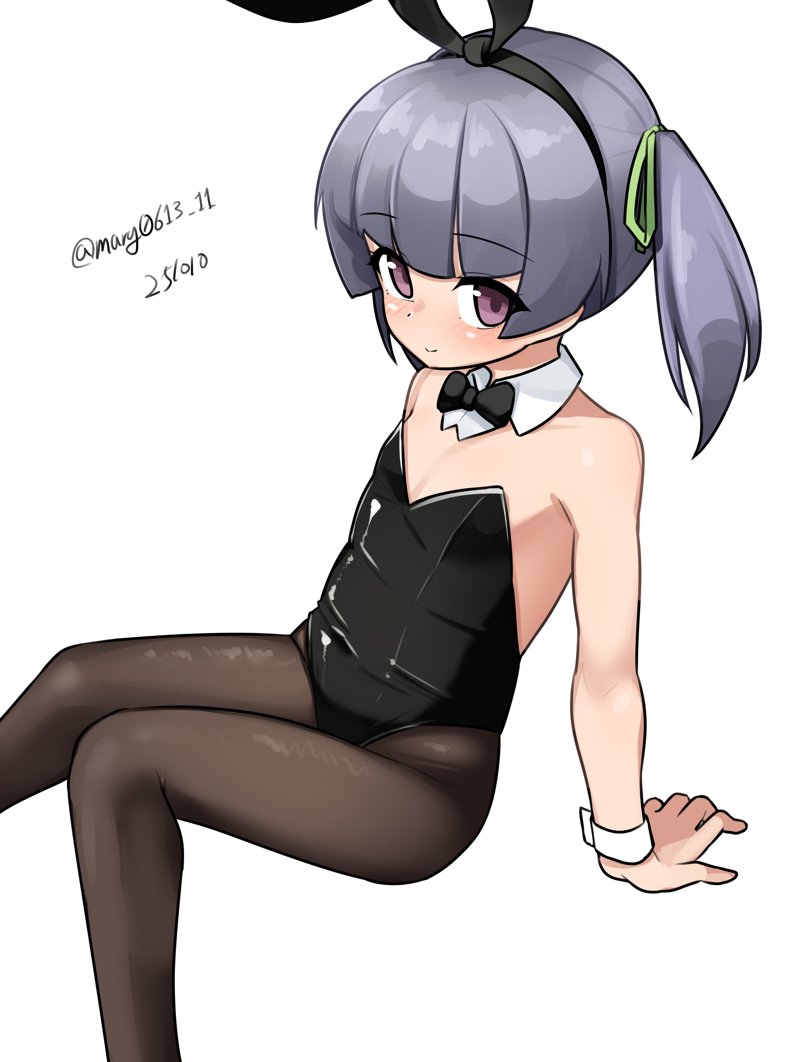maru (marg0613), ooshio (kancolle), kantai collection, absurdres, highres, 1girl, animal ear hairband, animal ears, black bow, black bowtie, black leotard, black pantyhose, bow, bowtie, dated, detached collar, fake animal ears, feet out of frame, flat chest, grey hair, hairband, invisible chair, leotard, pantyhose, playboy bunny, purple eyes, rabbit ears, simple background, sitting, solo, strapless, strapless leotard, twintails, twitter username, white background, wrist cuffs