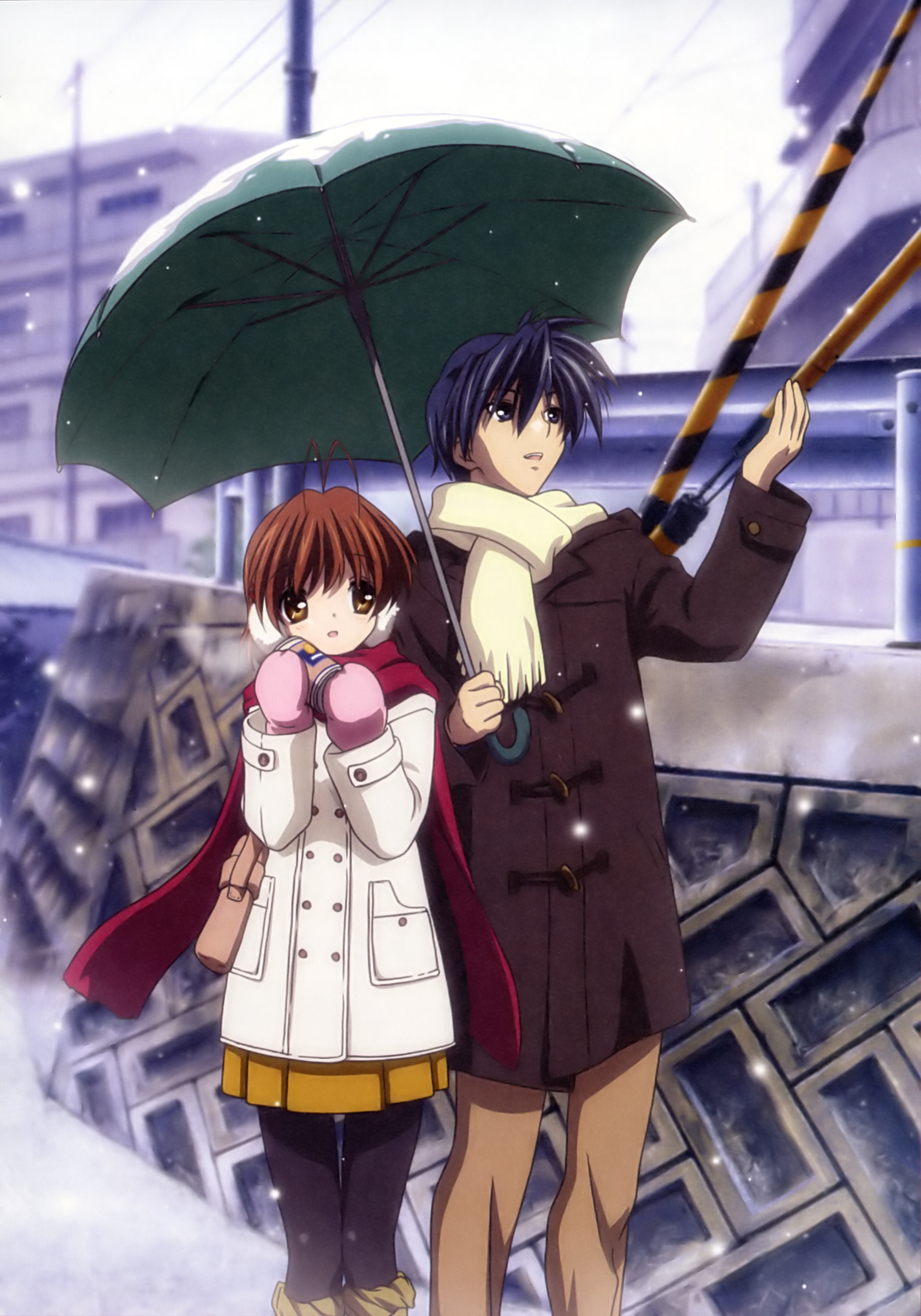furukawa nagisa, okazaki tomoya, clannad, absurdres, highres, non-web source, official art, 00s, 1boy, 1girl, antenna hair, blue eyes, blue hair, boots, brown eyes, brown hair, coat, earmuffs, holding, holding umbrella, husband and wife, mittens, pantyhose, scarf, snow, thighhighs, umbrella, winter clothes, winter coat
