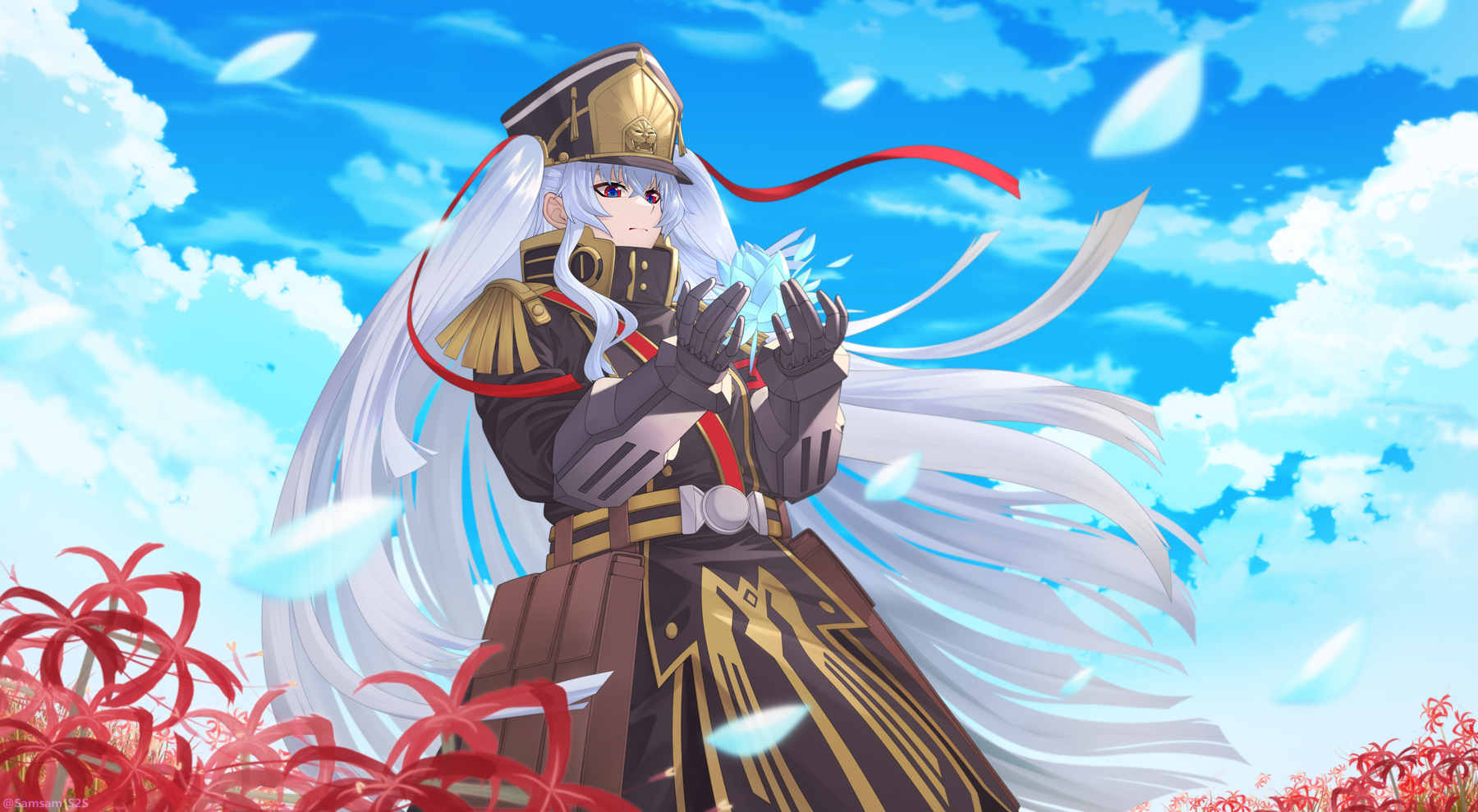 samsam s2s, altair (re:creators), re:creators, commission, highres, 1girl, armband, belt, black gloves, black hat, black jacket, blue eyes, buttons, crossed bangs, epaulettes, floating hair, floral background, flower, gauntlets, gloves, hair between eyes, hair ribbon, hat, high collar, holding, holding flower, jacket, lion head (ornament), long hair, long sleeves, metal gloves, military, military hat, military uniform, multicolored eyes, red eyes, red flower, red ribbon, ribbon, sash, shako cap, shoulder sash, sidelocks, solo, spider lily, twintails, very long hair, white flower, white hair, yellow belt