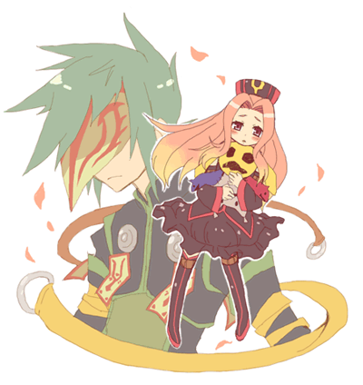 tsuyuka (sunny spot), arietta (tales), sync (tales), tales of (series), tales of the abyss, lowres, 00s, 1boy, 1girl, blush, doll, green hair, hat, long hair, pink eyes, pink hair, short hair