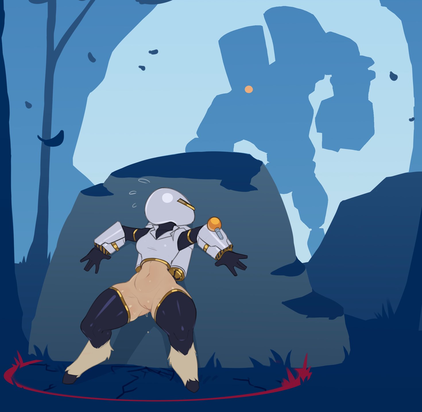 huffslove, artificer (risk of rain 2), risk of rain (series), risk of rain 2, commentary, english commentary, highres, 1girl, animal legs, armor, black thighhighs, breastplate, gameplay mechanics, helmet, hiding, navel, pussy, rock, silhouette, stomach, stone titan (risk of rain), thighhighs, white helmet