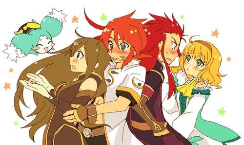 tsuyuka (sunny spot), asch (tales), luke fon fabre, mieu (tales), natalia luzu kimlasca lanvaldear, tear grants, tales of (series), tales of the abyss, lowres, 00s, 2boys, 2girls, ascot, blonde hair, blue eyes, blush, long hair, multiple boys, multiple girls, red hair, short hair, surcoat, yellow ascot
