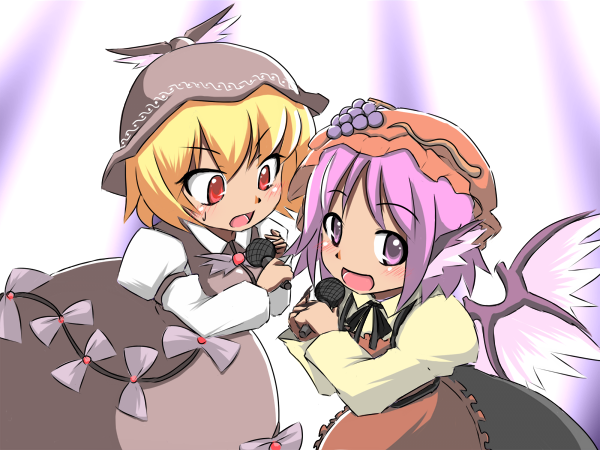 [], aki minoriko, mystia lorelei, touhou, 2girls, :d, aki minoriko (cosplay), animal ears, blonde hair, bow, cosplay, costume switch, dress, female focus, food, fruit, grapes, hat, microphone, multiple girls, music, mystia lorelei (cosplay), open mouth, purple eyes, purple hair, red eyes, short hair, singing, smile, wings