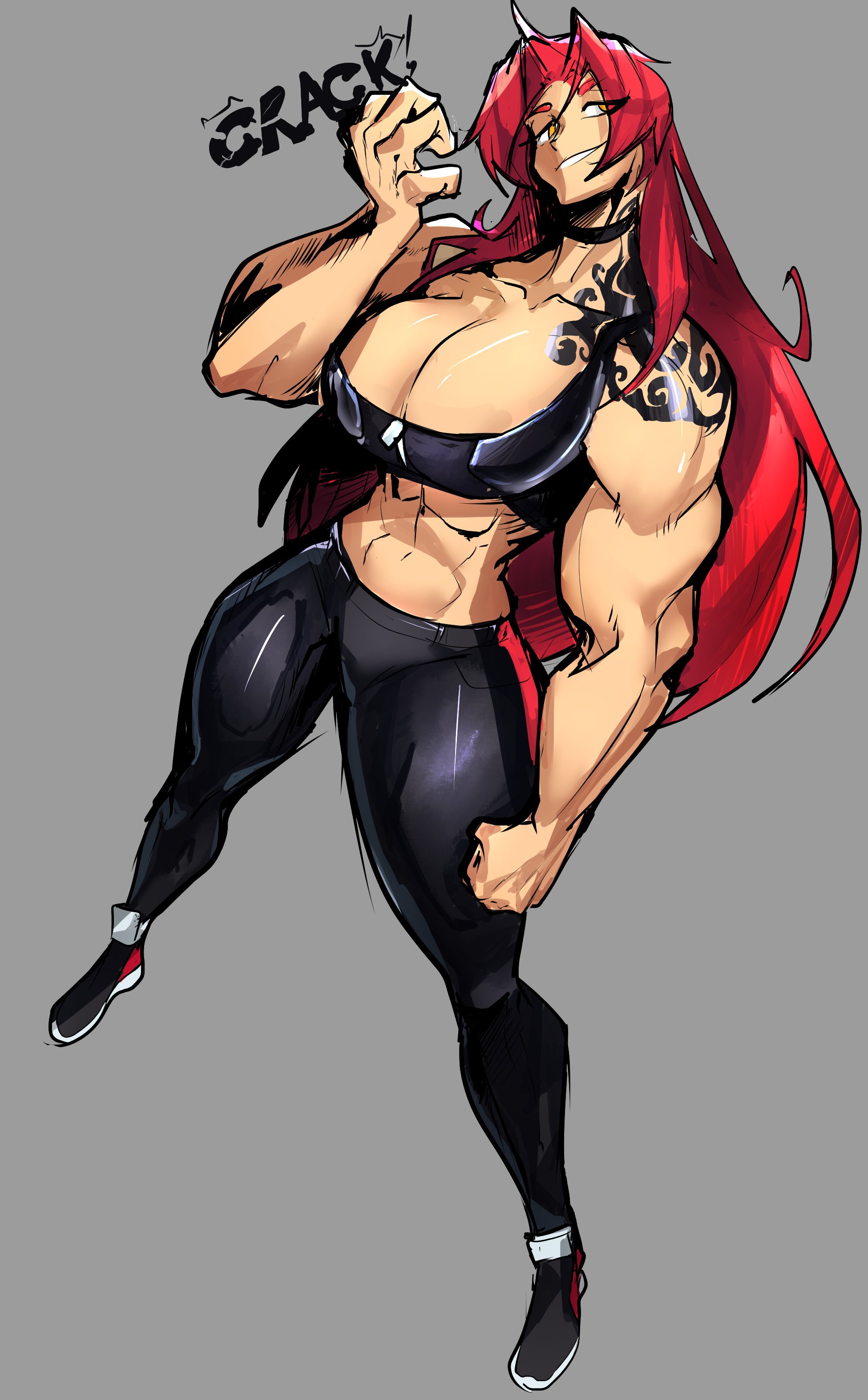 lyuka, pendingshift, raine (lyukaart), original, absurdres, commentary, english commentary, highres, 1girl, 2025, abs, arm tattoo, arm up, black choker, black pants, black shirt, black shoes, borrowed character, breasts, choker, claw pose, cleavage, clenched hand, crop top, dutch angle, eyebrows hidden by hair, female focus, flexing, full body, grey background, grin, half-closed eyes, hand on own hip, huge breasts, legs apart, looking at viewer, messy hair, midriff, muscular, muscular arms, muscular female, pants, parted bangs, red hair, shirt, shoes, simple background, smile, smug, solo, standing, tattoo, thick thighs, thighs, tight clothes, tight pants, toned, toned female, wide hips, yellow eyes