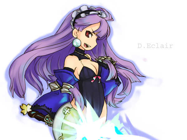 noko351, dark eclair, eclair (la pucelle), la pucelle, nippon ichi, 1girl, breasts, cleavage, dual persona, female focus, leotard, long hair, medium breasts, purple hair, red eyes, smile, solo, sword, weapon