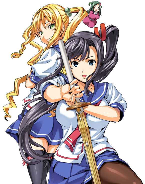 takeda hiromitsu, amaya haruko, himegami kodama, maken-ki!, 3girls, black hair, blonde hair, blue eyes, blue hair, blue sailor collar, breasts, green eyes, hair bobbles, hair ornament, hair ribbon, happy, large breasts, long hair, looking back, mini person, minigirl, multiple girls, pantyhose, ribbon, sailor collar, school uniform, serafuku, shinai, side ponytail, skirt, smile, sword, thighhighs, twintails, very long hair, weapon, zettai ryouiki