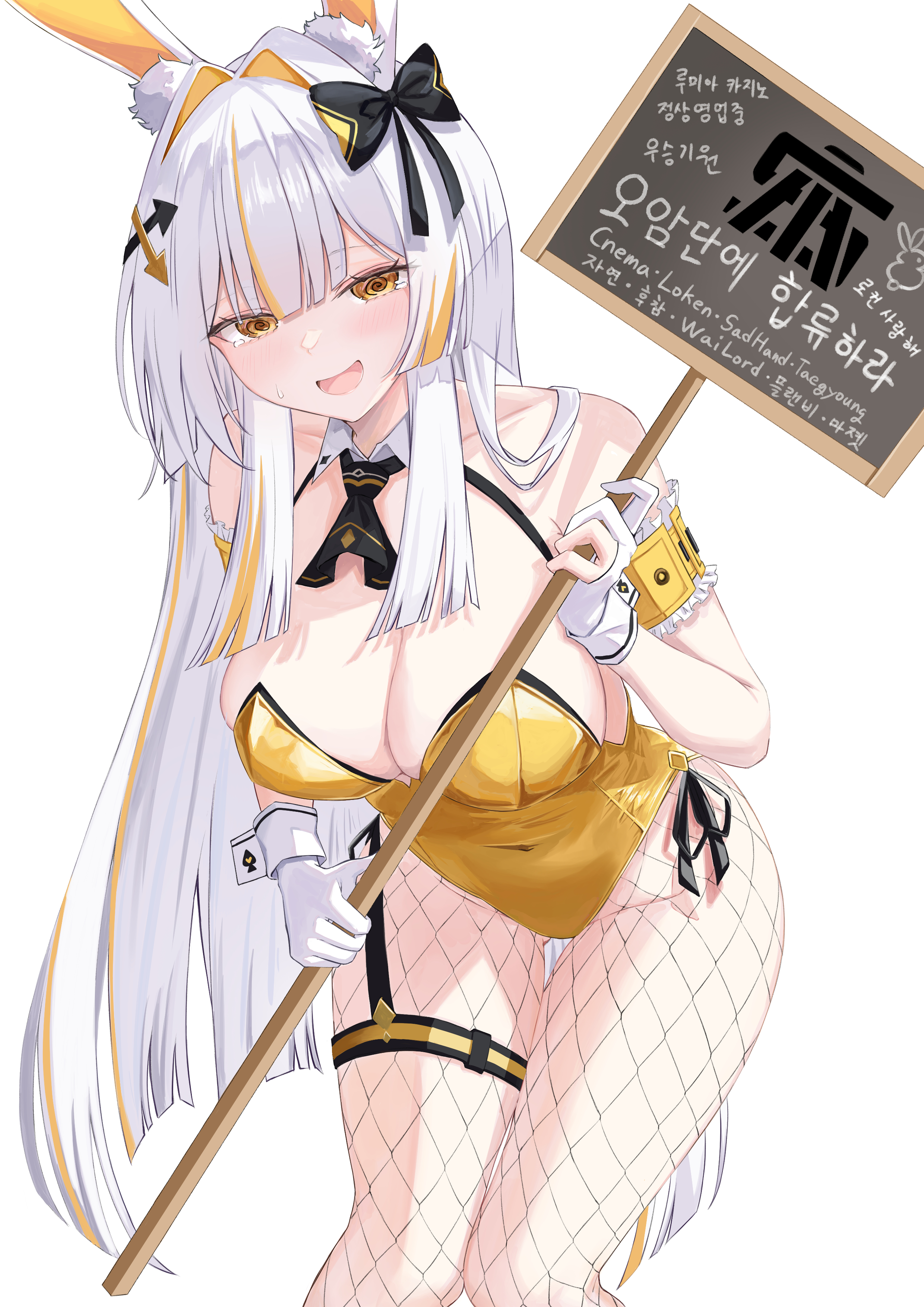 astre (astre25), minami rio, black survival, eternal return: black survival, 1girl, @ @, animal ear fluff, armband, arrow hair ornament, ascot, black ascot, black bow, blonde streaks, blunt bangs, blunt ends, bow, breasts, cleavage, collar, collarbone, covered navel, detached collar, embarrassed, feet out of frame, fishnet pantyhose, fishnets, frilled armband, frills, garter straps, gloves, gluteal fold, hair bow, hair intakes, half-closed eyes, hand up, holding, holding sign, knees together feet apart, korean text, large breasts, leaning forward, leotard, light blush, long hair, looking at viewer, multicolored hair, pantyhose, partially fingerless gloves, playboy bunny, rabbit ears, sign, simple background, single garter strap, smile, solo, standing, straight hair, streaked hair, sweatdrop, tearing up, thigh gap, thigh strap, very long hair, white background, white collar, white gloves, white hair, white wrist cuffs, wrist cuffs, yellow eyes, yellow leotard