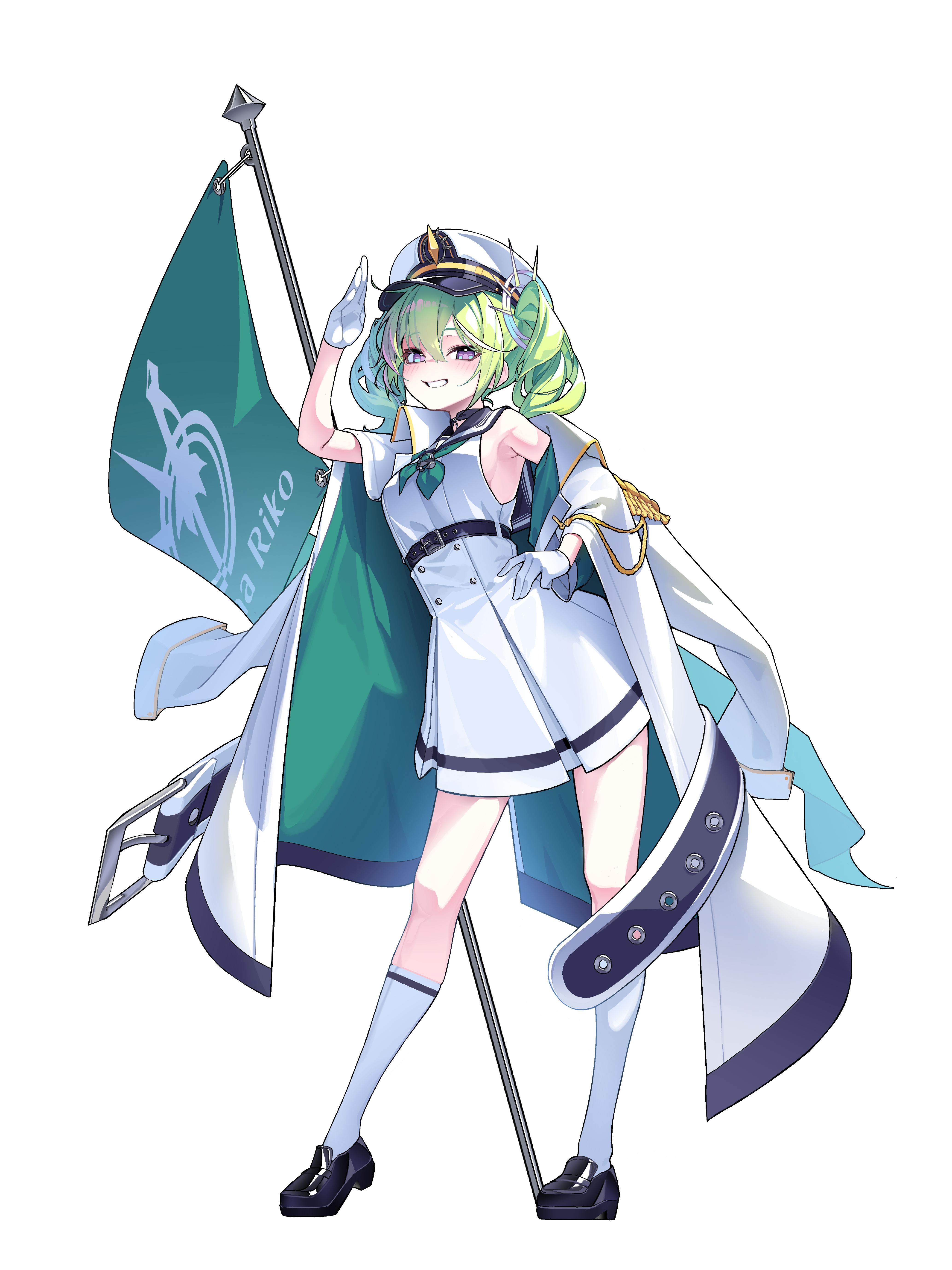 m cream01, yuzuha riko, stellive, absurdres, commentary request, highres, korean commentary, 1girl, aiguillette, arm out of sleeve, arm up, armpits, belt, belt buckle, black belt, black sailor collar, black shoes, breasts, buckle, character name, coat, contrapposto, dress, flag, full body, gloves, green hair, green neckerchief, grey eyes, grin, hair between eyes, hat, kneehighs, loafers, long bangs, looking at viewer, medium hair, military hat, neckerchief, oversized belt, oversized clothes, sailor collar, sailor dress, shoes, short dress, simple background, sleeveless, sleeveless dress, smile, socks, solo, standing, twintails, virtual youtuber, white background, white coat, white dress, white gloves, white hat, white socks