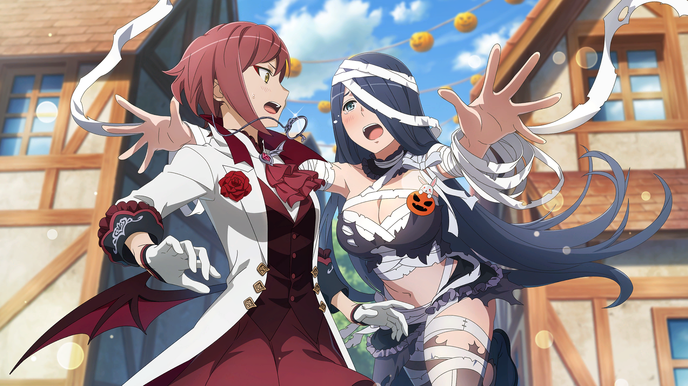 cassandra ilion, daphne lauros, danmachi battle chronicle, dungeon ni deai wo motomeru no wa machigatteiru darou ka, game cg, highres, non-web source, official art, 2girls, anime coloring, ascot, bandage on hair, bandaged arm, bandaged chest, bandaged head, bandaged leg, bandaged torso, bandages, bat wings, blue eyes, blue hair, boutonniere, breasts, cleavage, coat, eyeliner, fake wings, flower, flower ornament, gloves, hair over one eye, half-timbered, halloween, halloween costume, house, jack-o'-lantern, lapels, large breasts, light blush, long hair, looking at another, low wings, makeup, midriff, monocle, monocle chain, multiple girls, mummy costume, navel, official alternate costume, one eye covered, open clothes, open coat, open mouth, outstretched arms, outstretched hand, pumpkin, red ascot, red eyeliner, red flower, red hair, red lips, red rose, red skirt, red vest, rose, short hair, skirt, small breasts, sweatdrop, teardrop, torn clothes, vampire costume, vest, waistcoat, white coat, white gloves, wings, yellow eyes