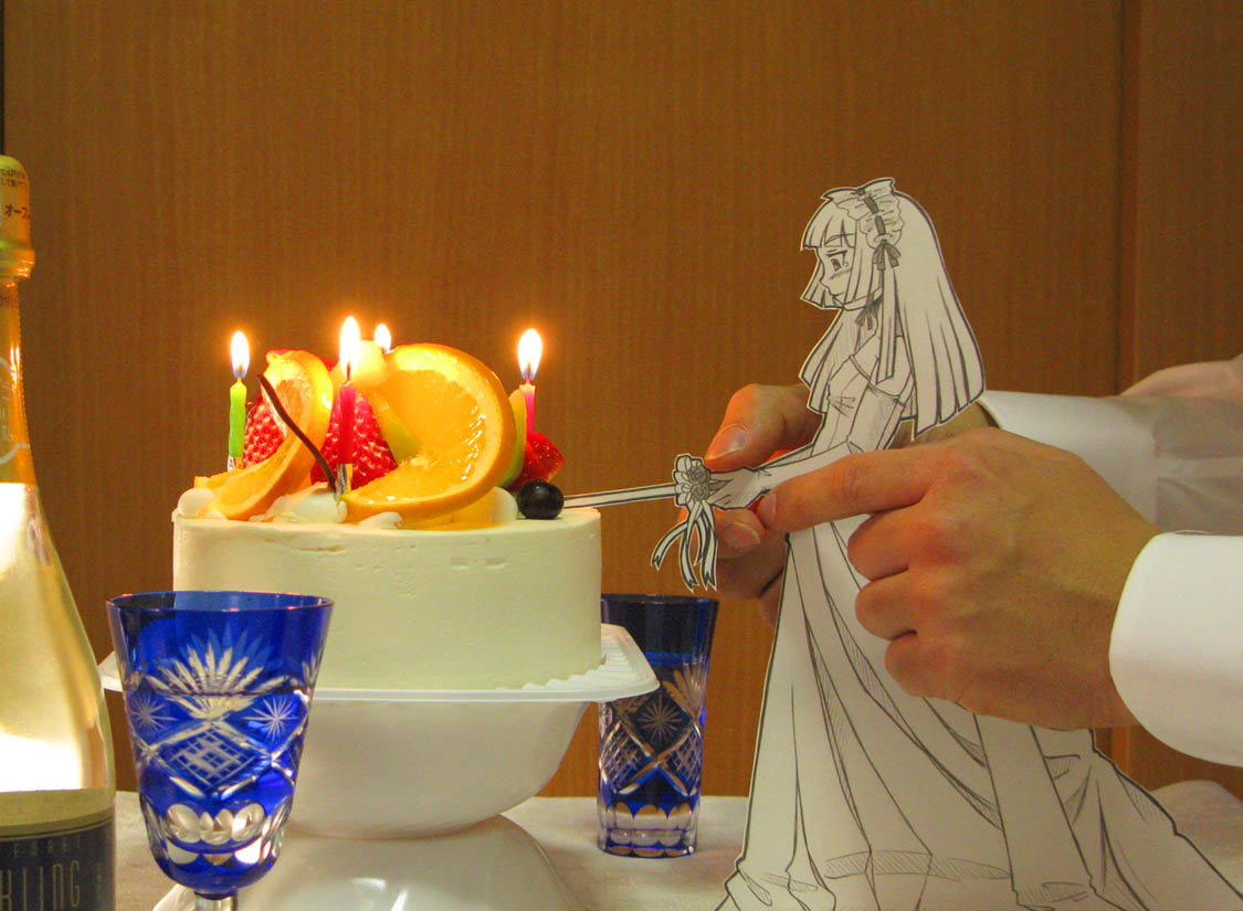 sasaki yukinojou, papercraft (medium), photo (medium), unconventional media, 1girl, bride, cake, candle, cutting, dress, food, fruit, interactive media, lonely, mai waifu, orange (fruit), paper child, pastry, smile, solo focus, sword, tears, weapon, wedding dress