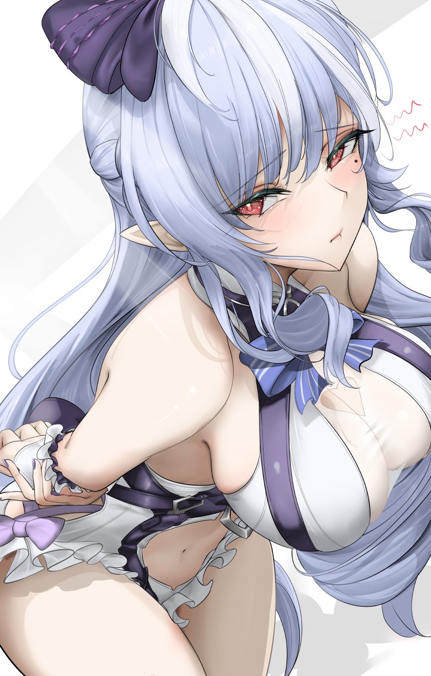 mait, vivian banshee, vivian banshee (iris of the shore), zenless zone zero, commentary request, highres, 1girl, breasts, clothing cutout, drill hair, large breasts, long hair, looking at viewer, mole, mole under eye, navel, navel cutout, official alternate costume, outline, pointy ears, purple hair, red eyes, see-through cleavage, see-through clothes, solo, thighs, very long hair, white background, white outline