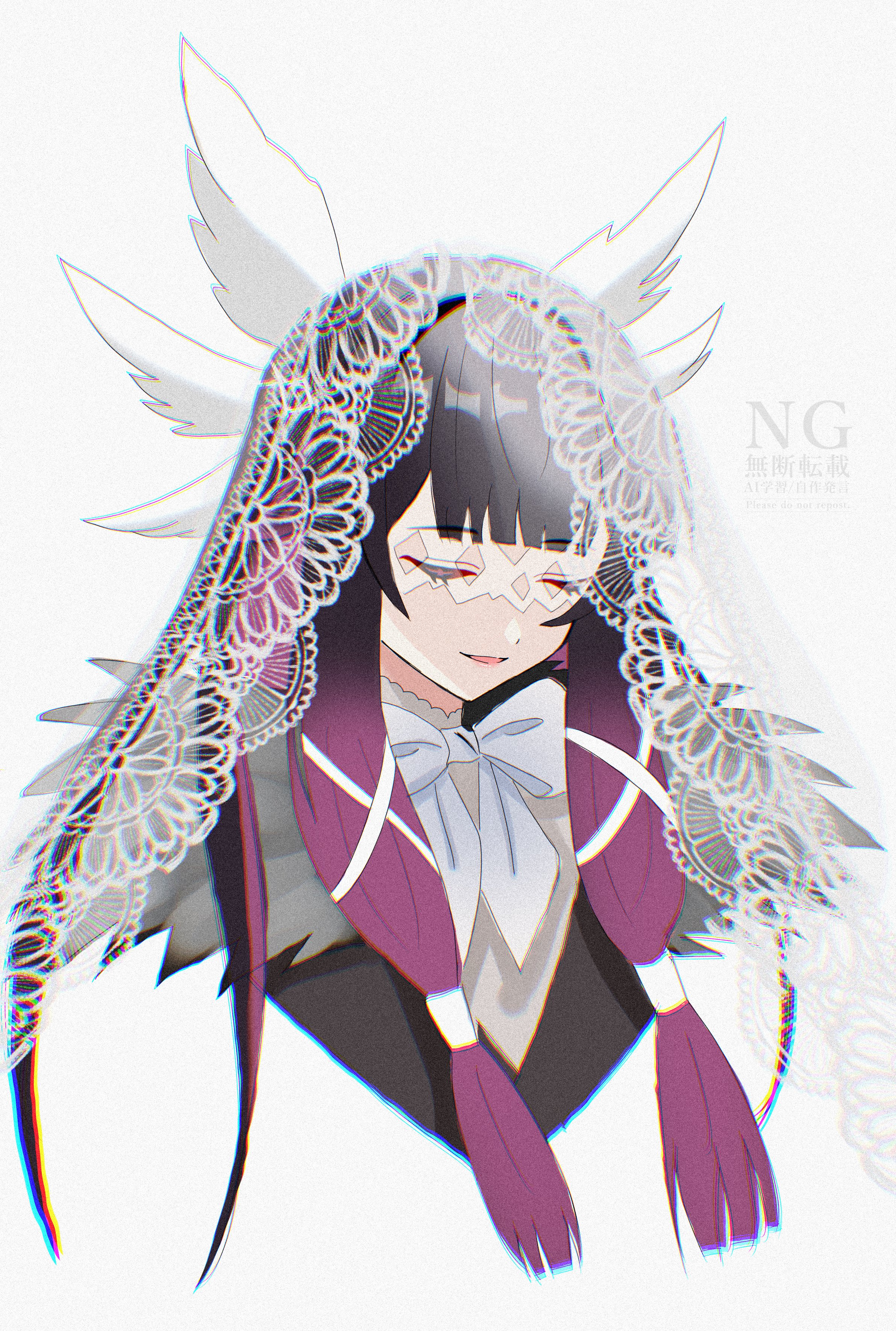 columbina (genshin impact), genshin impact, absurdres, hashtag-only commentary, highres, 1girl, black hair, bow, closed eyes, eye mask, fur trim, head wings, long hair, mask, multicolored hair, parted lips, pink hair, simple background, solo, tsuyu yomi, two-tone hair, veil, white background, white bow, white wings, wings