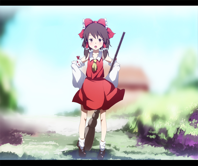 ryouma (galley), hakurei reimu, touhou, bad id, bad pixiv id, 1girl, bamboo broom, blurry, bow, broom, brown hair, brown shoes, detached sleeves, female focus, hair bow, hands on own hips, letterboxed, looking at viewer, mary janes, open mouth, shoes, socks, solo, standing