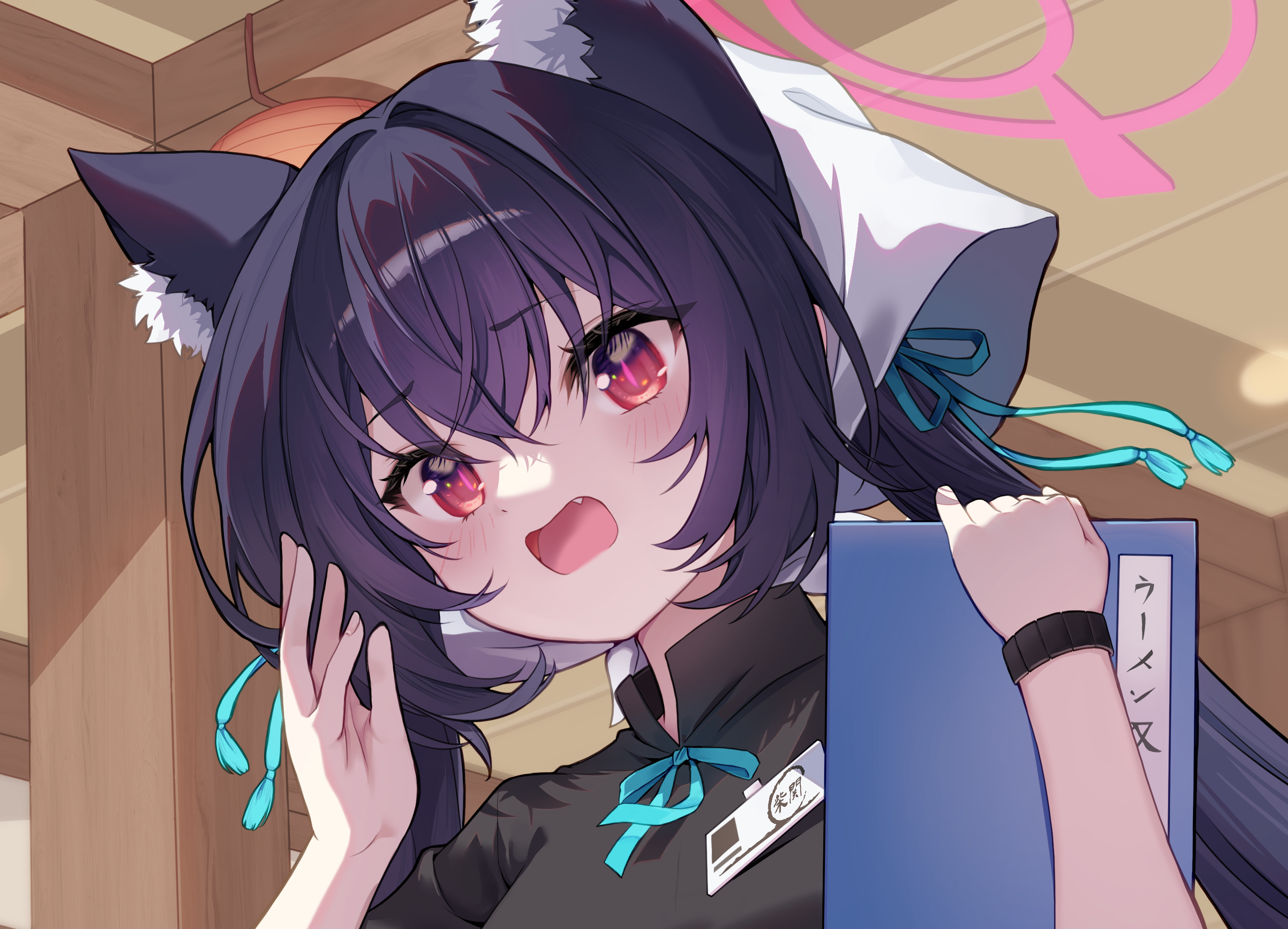 ajeu914, serika (blue archive), blue archive, commentary, highres, 1girl, animal ear fluff, animal ears, black hair, blue ribbon, blush, cat ears, cat girl, extra ears, eyelashes, eyes visible through hair, fang, hair between eyes, hair intakes, hair ribbon, halo, hands up, headscarf, holding, holding menu, id card, indoors, long hair, looking at viewer, menu, neck ribbon, official alternate costume, open mouth, pink halo, pink pupils, red eyes, ribbon, serika (waitress) (blue archive), sidelocks, slit pupils, solo, twintails, upper body, waitress