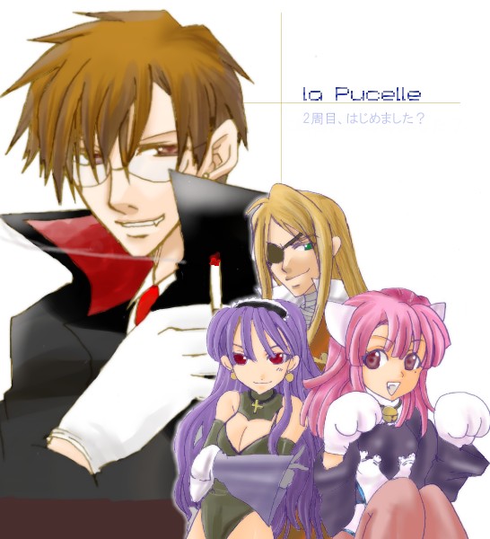 dark eclair, eclair (la pucelle), homard, prier, la pucelle, nippon ichi, 2boys, 2girls, animal ears, blonde hair, cat ears, cat girl, green eyes, halloween, leotard, long hair, multiple boys, multiple girls, pantyhose, pink hair, pirate, purple hair, red eyes, red hair, short hair, sitting, smile, standing, vampire, white background