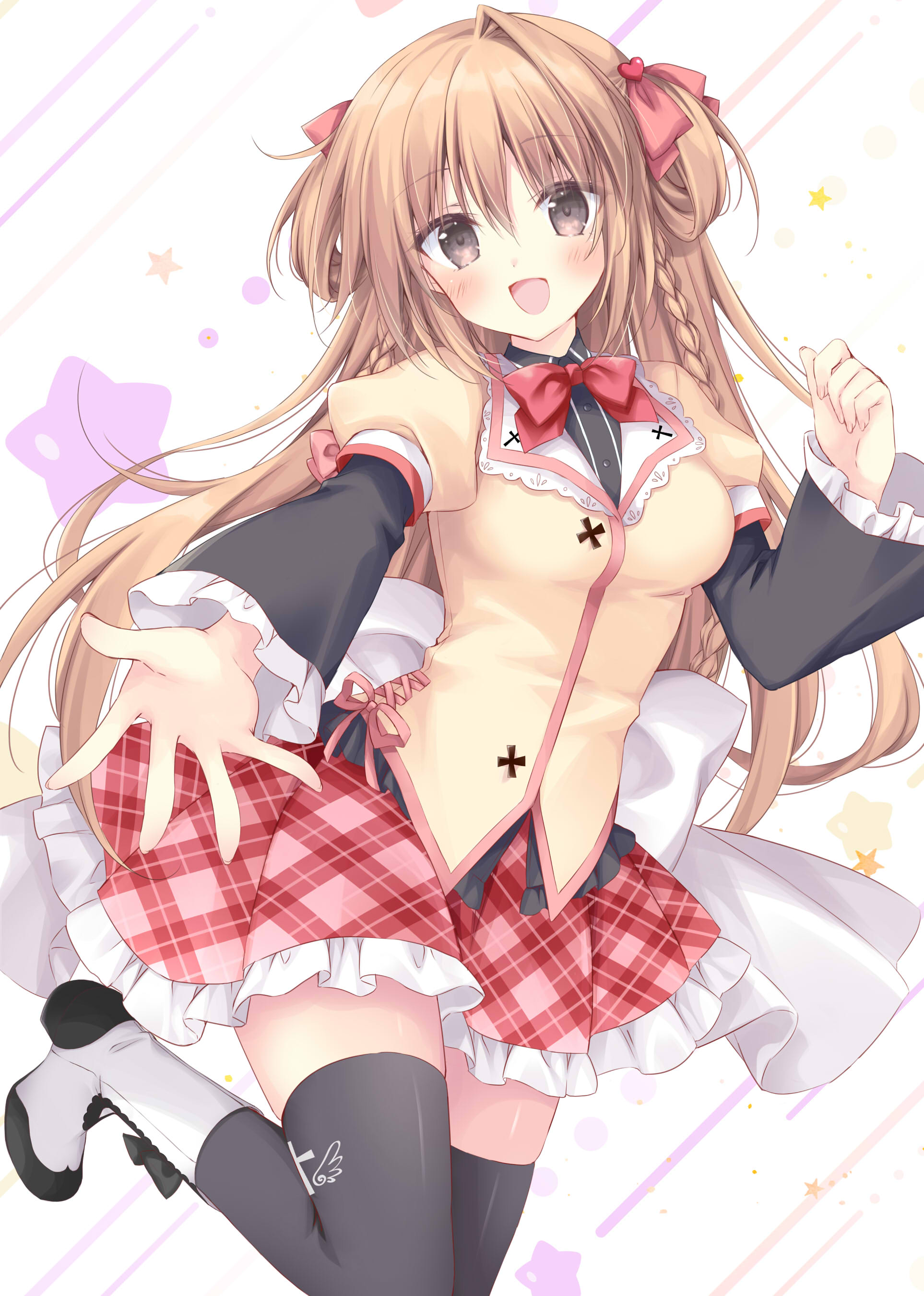 korie riko, konoe akari, gaku ou, absurdres, commentary request, highres, 1girl, black shirt, black thighhighs, boots, bow, braid, brown eyes, brown hair, brown jacket, collared shirt, dress shirt, frilled skirt, frilled sleeves, frills, hair bow, hair ornament, hair rings, hand up, heart, heart hair ornament, jacket, lace-up boots, layered sleeves, long sleeves, outstretched arm, pink skirt, plaid clothes, plaid skirt, puffy short sleeves, puffy sleeves, red bow, shirt, short over long sleeves, short sleeves, single hair intake, skirt, solo, star (symbol), thighhighs, thighhighs under boots, twin braids, white background, white boots, wide sleeves