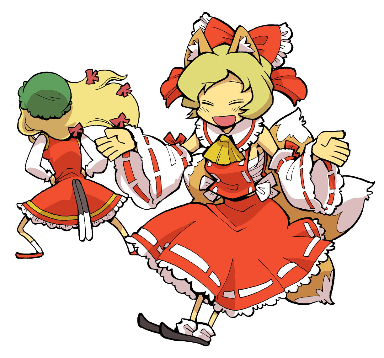 hounori, chen, hakurei reimu, yakumo ran, yakumo yukari, touhou, bad id, bad pixiv id, 2girls, alternate costume, animal ears, blonde hair, cat tail, chen (cosplay), cosplay, female focus, fox ears, fox tail, hakurei reimu (cosplay), hat, long hair, multiple girls, ribbon, shoes, short hair, socks, tail