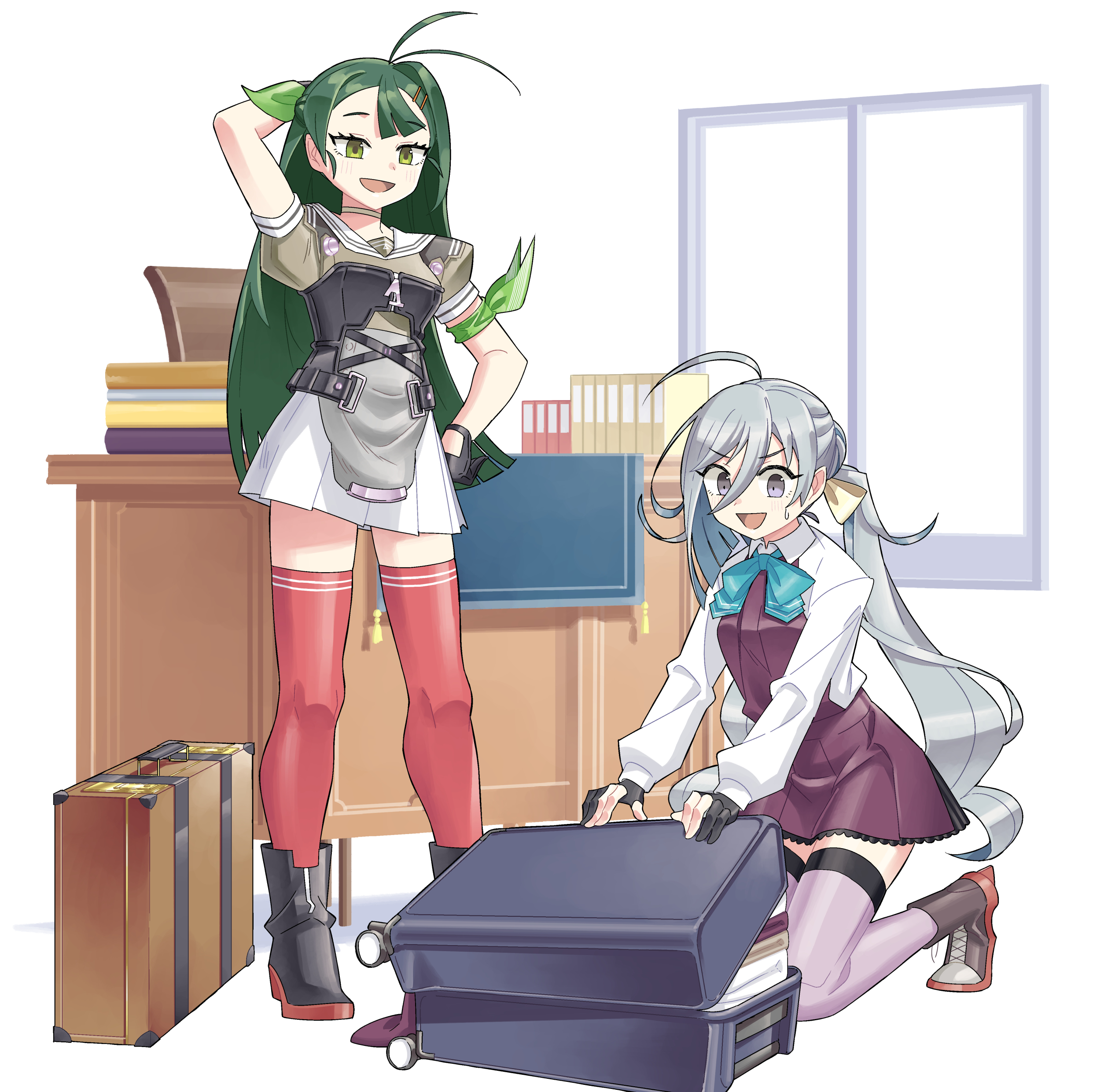 kazh (kazu), kiyoshimo (kancolle), kiyoshimo kai ni (kancolle), sugi (kancolle), kantai collection, absurdres, commentary request, highres, 2girls, ahoge, antenna hair, apron, black gloves, boots, collared shirt, corset, desk, dress, dress shirt, gloves, green eyes, green hair, grey apron, grey boots, grey eyes, grey hair, grey shirt, grey thighhighs, hair between eyes, hair bun, hair ribbon, halter dress, halterneck, long hair, low twintails, multiple girls, pleated skirt, purple dress, red thighhighs, ribbon, rudder footwear, sailor collar, school uniform, serafuku, shirt, single hair bun, skirt, smile, suitcase, swept bangs, thighhighs, twintails, very long hair, white sailor collar, white shirt, white skirt