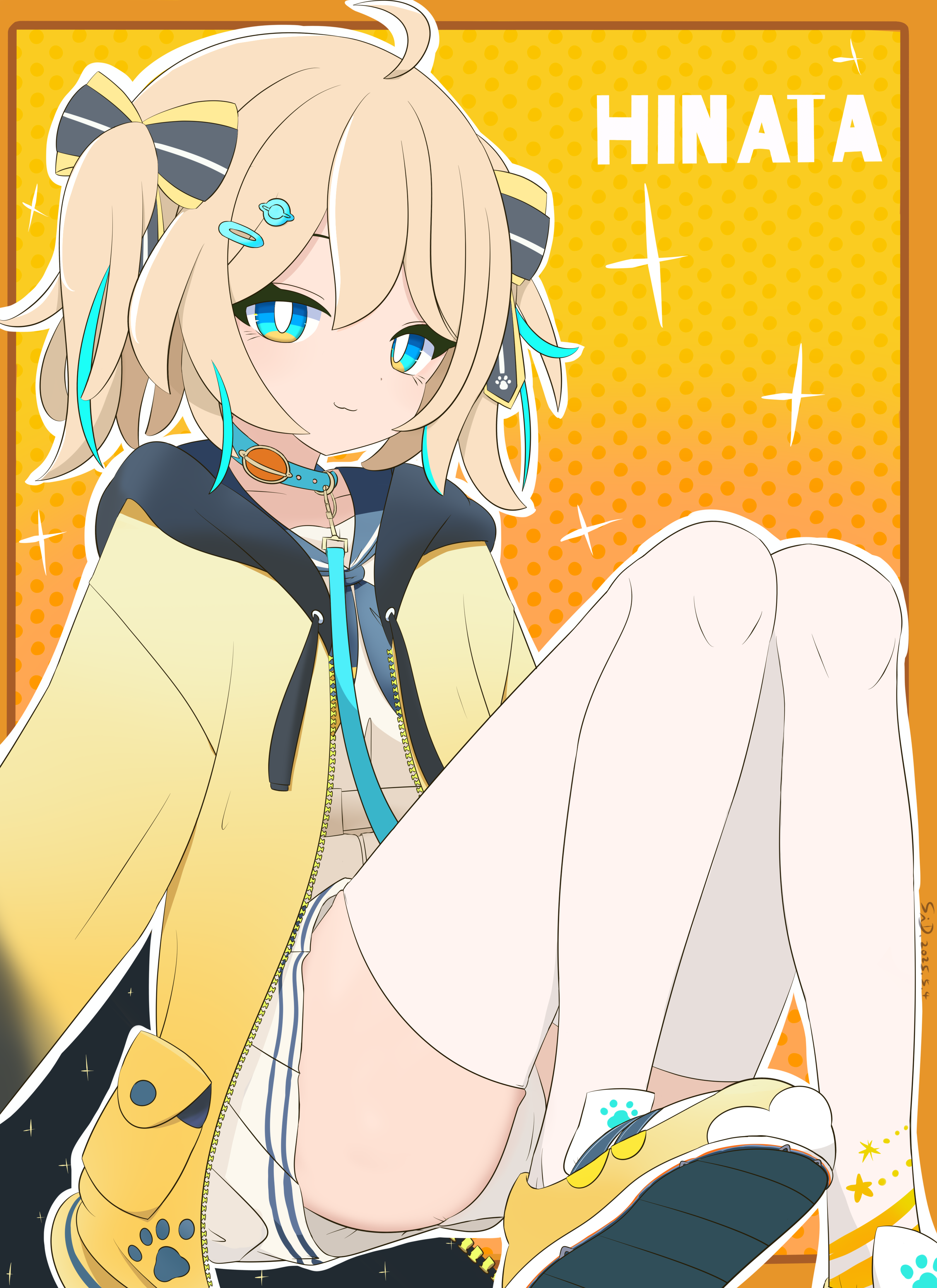sid(npcai), appare hinata, weather planet, absurdres, highres, 1girl, aqua collar, aqua eyes, black neckerchief, black sailor collar, blonde hair, blush, breasts, collar, hair ornament, hairclip, jacket, long hair, long sleeves, neckerchief, panties, paw print, sailor collar, school uniform, shirt, skirt, small breasts, smile, solo, symbol-shaped pupils, thighhighs, twintails, underwear, virtual youtuber, white shirt, white skirt, white thighhighs, yellow jacket