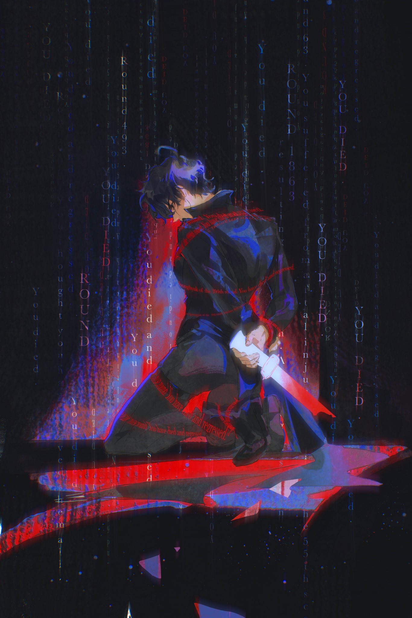 sberrymacchiato, yoo joonghyuk, omniscient reader's viewpoint, highres, 1boy, black coat, blood, bound, bound ankles, bound wrists, broken, broken sword, broken weapon, chromatic aberration, coat, distortion, english text, full body, glitch, head down, holding, holding sword, holding weapon, kneeling, on ground, open clothes, open coat, pool of blood, popped collar, solo, sword, weapon