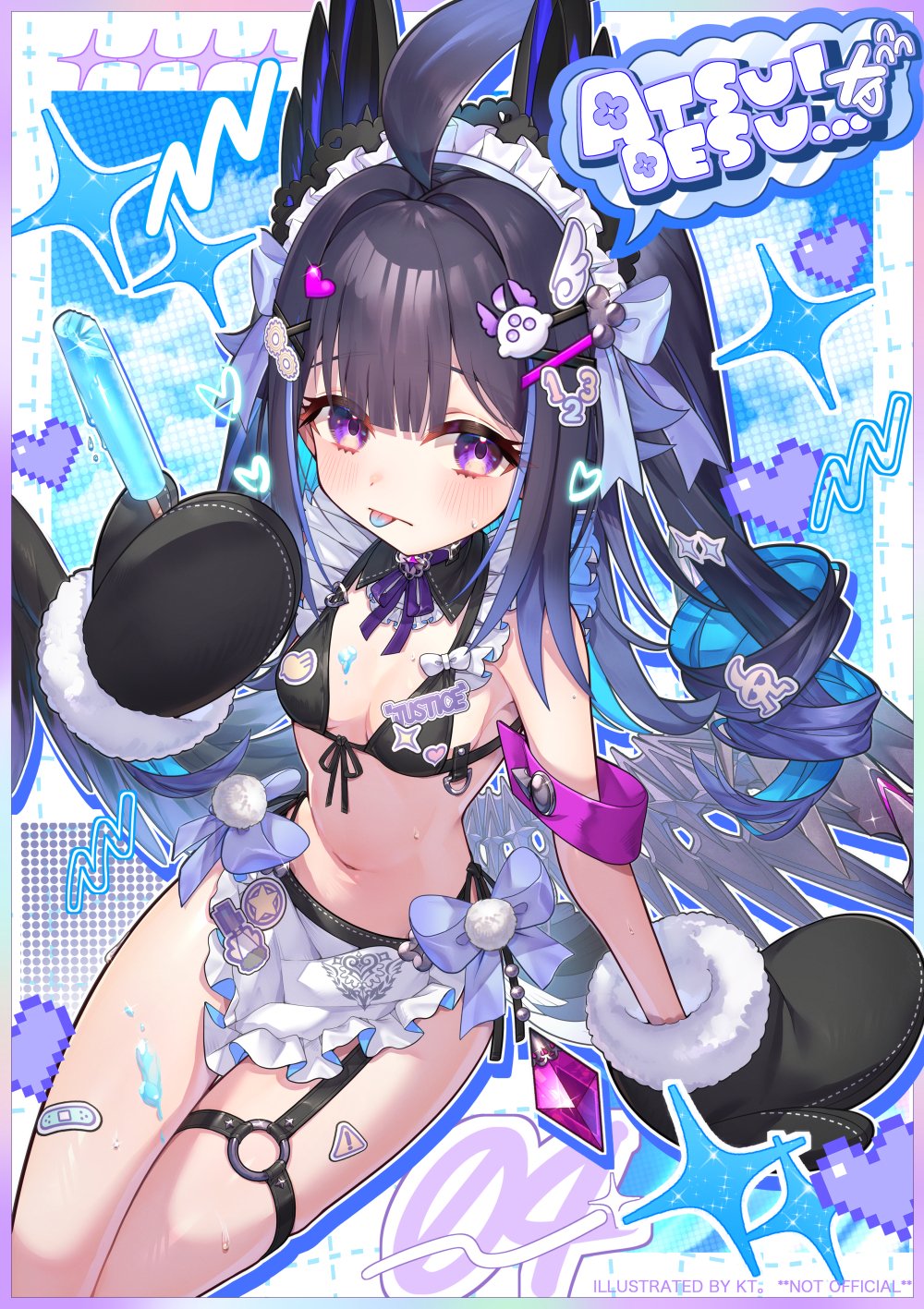 kt. (kaisou-notagui), enna alouette, nijisanji, nijisanji en, highres, 1girl, ahoge, armband, artist name, bikini, bird tail, black bikini, blue hair, blue tongue, blush, breasts, colored inner hair, colored tongue, decora, detached collar, dot nose, enna alouette (decora), food, fur-trimmed mittens, fur trim, hair intakes, head wings, heart, holding, holding food, holding popsicle, invisible chair, looking at viewer, low wings, maid, maid bikini, maid headdress, melting popsicle, mittens, multicolored hair, navel, outline, petite, popsicle, purple armband, purple eyes, purple hair, sitting, small breasts, solo, sparkle, sweat, swimsuit, tail, tongue, tongue out, unconventional maid, virtual youtuber, white outline, wings
