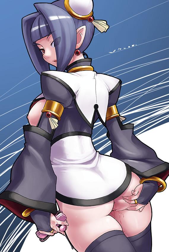 kei jiei, 1girl, ass, bracelet, breasts, double bun, earrings, female focus, grabbing own ass, hair bun, hair over one eye, jewelry, looking back, medium breasts, nipples, pointy ears, solo, thighhighs, thighs