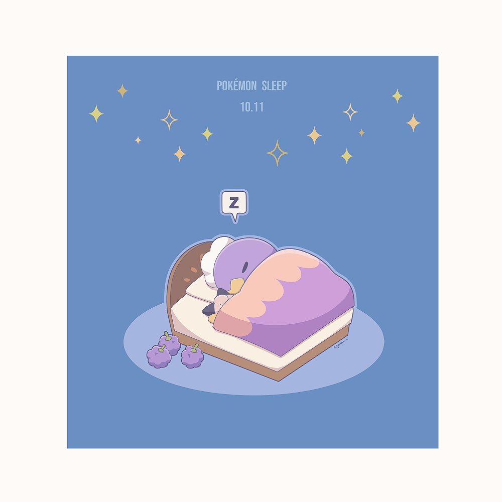 asgr pww, drifblim, nintendo, pokemon, pokemon sleep, bed, bed sheet, berry (pokemon), blue outline, blue skirt, border, closed eyes, dated, gen 4 pokemon, holding, holding stuffed toy, lying, no humans, on back, on bed, outline, pokemon (creature), skirt, sleeping, spoken zzz, star (sky), star (symbol), stuffed animal, stuffed toy, white background, white border, zzz