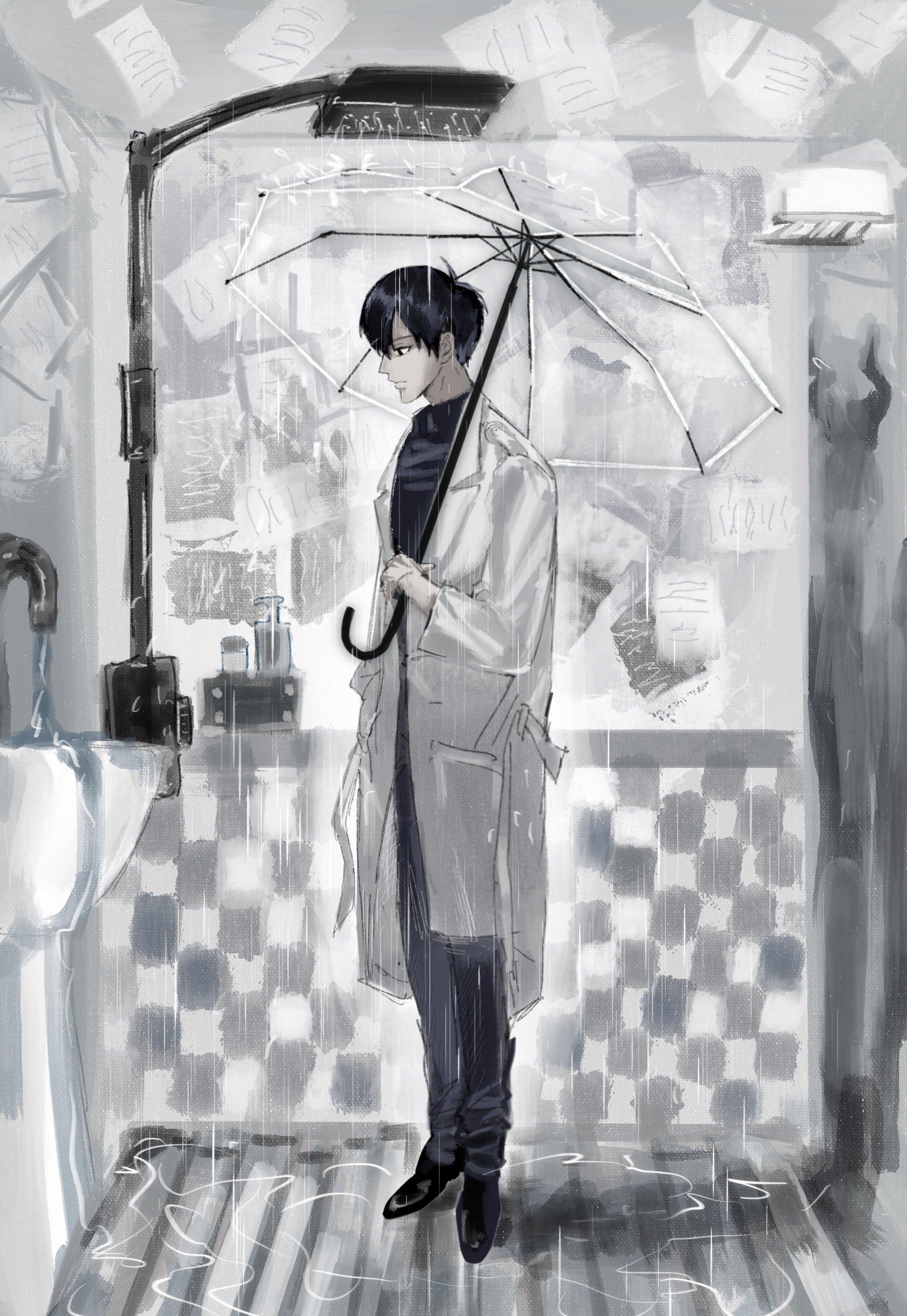 mrjieshisu, kim dokja, omniscient reader's viewpoint, absurdres, highres, 1boy, black eyes, black hair, black shirt, checkered wall, coat, faucet, full body, holding, holding umbrella, indoors, male focus, overflowing, paper, shampoo, shirt, short hair, shower (place), shower head, sink, soap, solo, standing, umbrella, wainscoting, white coat, wooden floor