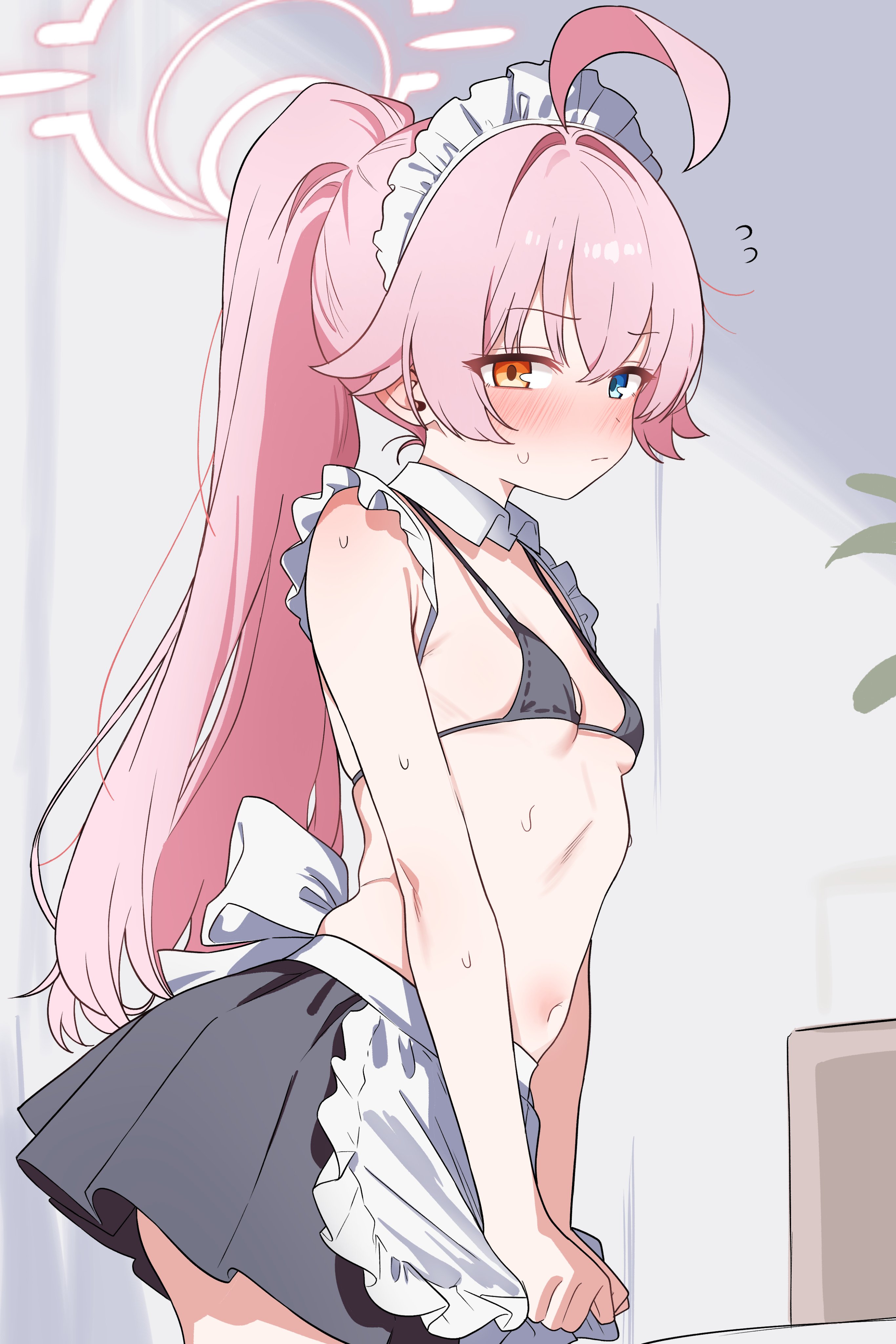 saho 4545, hoshino (blue archive), blue archive, absurdres, highres, 1girl, ahoge, alternate costume, apron, bikini, black bikini, blue eyes, blush, breasts, embarrassed, frilled apron, frills, hair between eyes, halo, heterochromia, long hair, looking at viewer, maid, maid apron, maid bikini, maid headdress, navel, pink hair, pink halo, ponytail, small breasts, solo, swimsuit, unconventional maid, very long hair, waist apron, white apron, yellow eyes