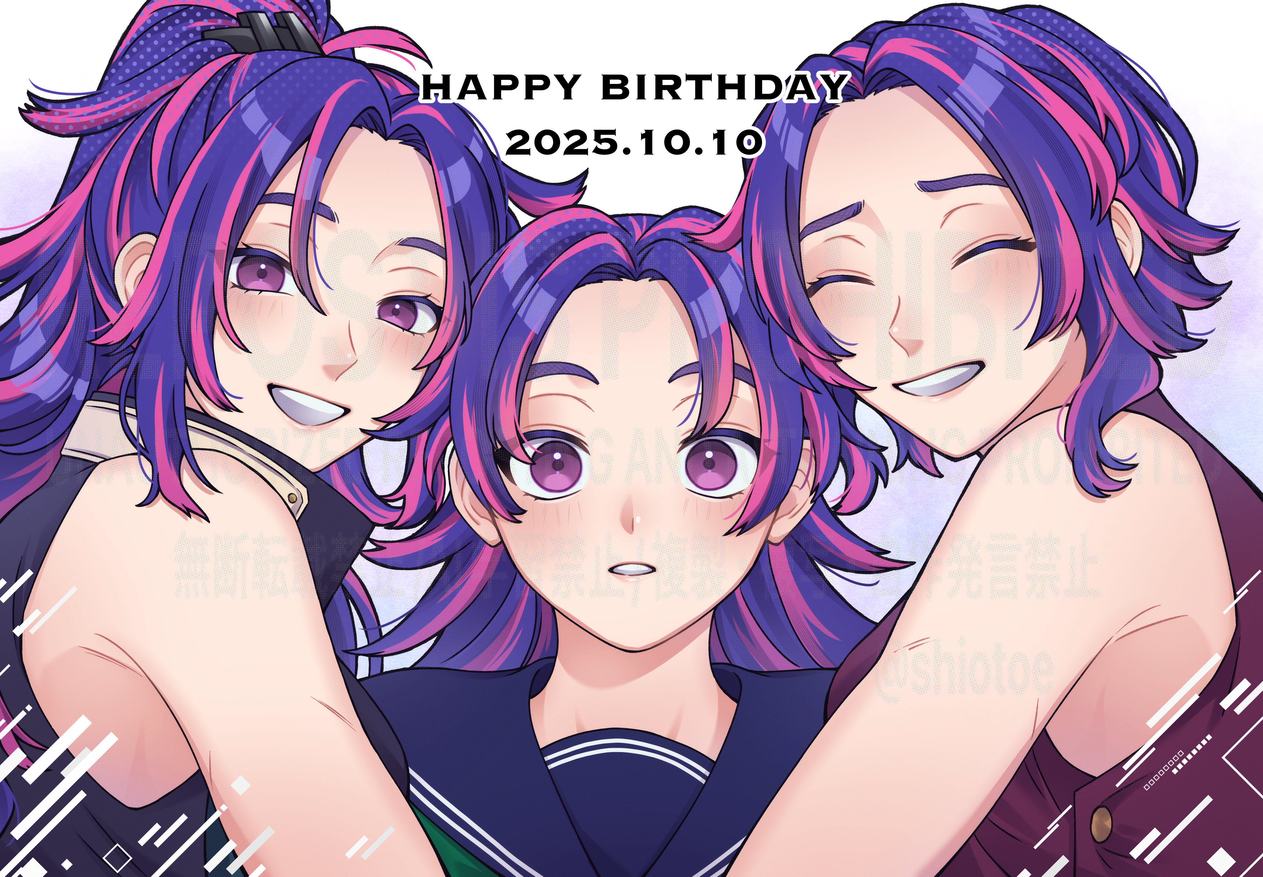 shio to no soko, lady nagant, boku no hero academia, absurdres, highres, 3girls, birthday, dress, english text, happy birthday, high ponytail, light blush, long hair, multicolored hair, multiple girls, multiple persona, pink hair, pink streaks, ponytail, purple eyes, purple hair, short hair, sleeveless, sleeveless dress, smile, time paradox
