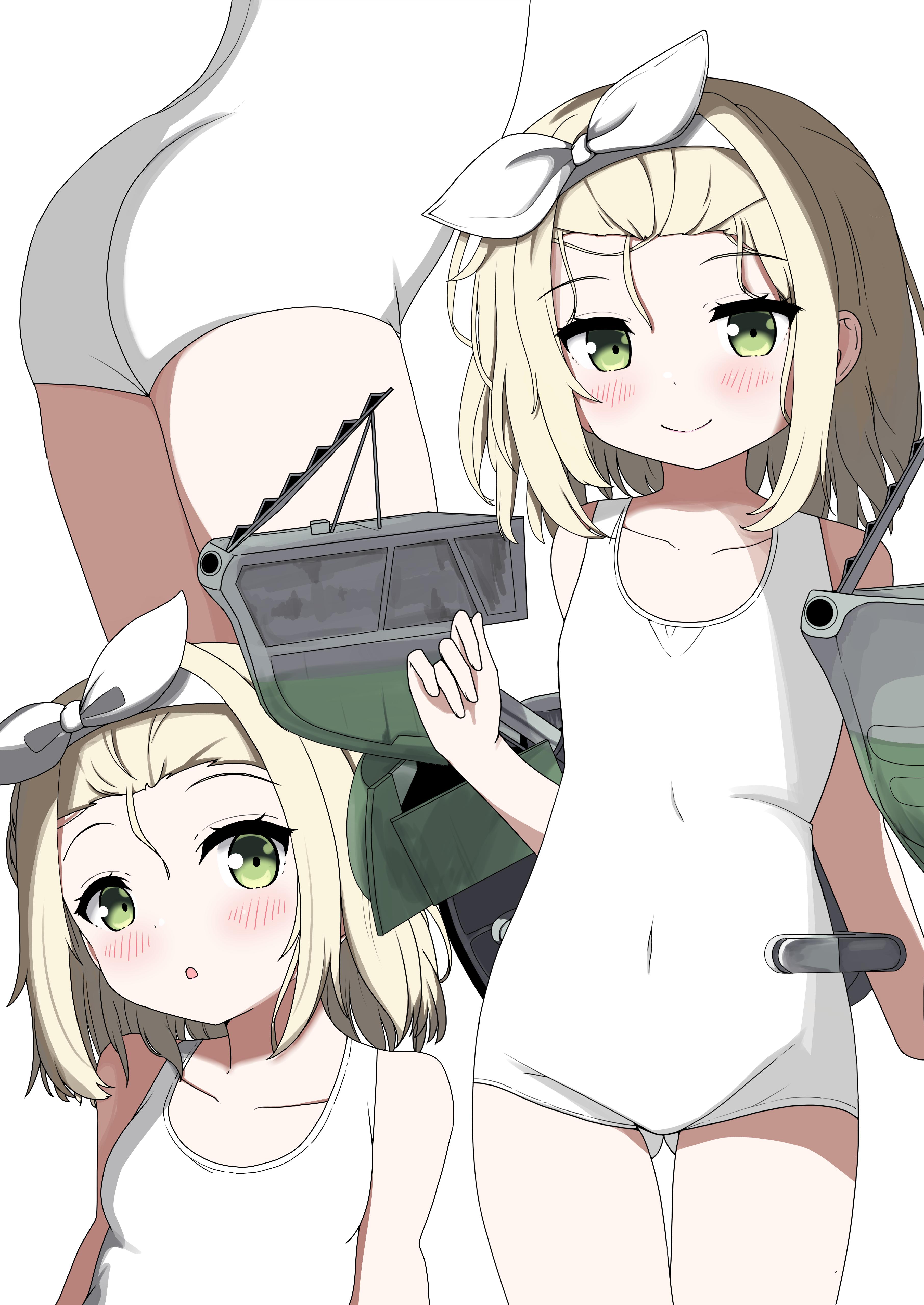 uri (idc9nvuwtp83298), i-504 (kancolle), luigi torelli (kancolle), kantai collection, absurdres, highres, 1girl, :o, ass, blonde hair, blush, collarbone, cowboy shot, gluteal fold, green eyes, hairband, looking at viewer, machinery, multiple views, one-piece swimsuit, ribbon, rigging, school swimsuit, short hair, smile, solo, swimsuit, upper body, white background, white hairband, white one-piece swimsuit