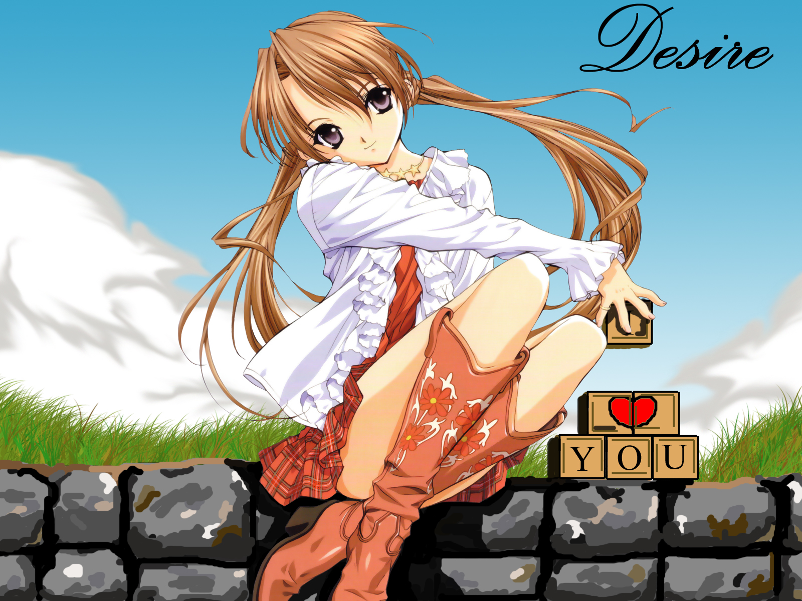 highres, boots, brown hair, heart, sky, twintails
