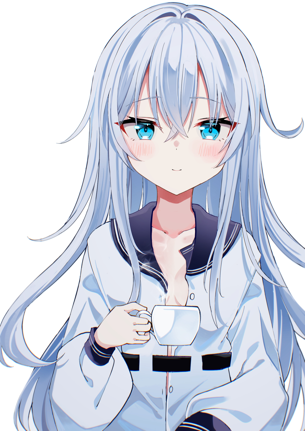 fathom, hibiki (kancolle), verniy (kancolle), kantai collection, commentary, highres, 1girl, black sailor collar, blue eyes, breasts, cup, grey hair, looking at viewer, open clothes, open shirt, sailor collar, shirt, simple background, small breasts, solo, teacup, upper body, white background, white shirt