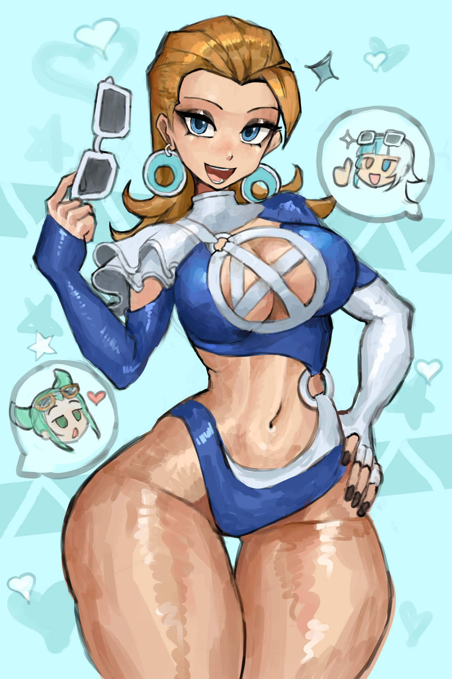 saiykik, luna snow, luna snow (cool summer), mantis (marvel), mantis (oceanic harmony) (marvel), sue storm, sue storm (azure shade), fantastic four, guardians of the galaxy, marvel, marvel rivals, highres, blonde hair, blue eyes, breasts, cleavage, cleavage cutout, clothing cutout, earrings, jewelry, large breasts, long hair, looking at viewer, navel, official alternate costume, one-piece swimsuit, smile, sunglasses, swimsuit
