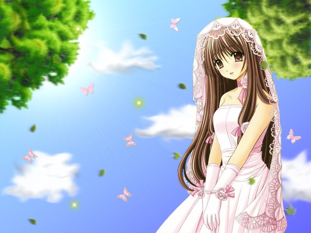 bad perspective, 1girl, bride, brown eyes, brown hair, bug, butterfly, cloud, day, dress, falling leaves, happy, insect, leaf, long hair, looking at viewer, matching hair/eyes, open mouth, outdoors, pink butterfly, sky, smile, sun, sunlight, tree, wedding dress