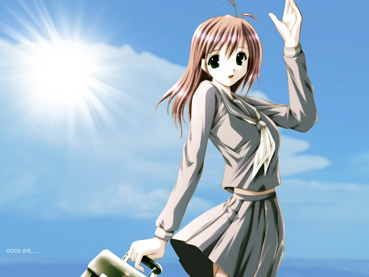 1girl, arm up, bag, brown hair, cloud, english text, female focus, green eyes, grey serafuku, long hair, looking at viewer, medium hair, ocean, school bag, school uniform, serafuku, skirt, sky, solo, sun, sunlight, water
