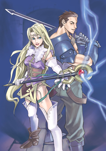 kareji, arngrim, mystina (valkyrie profile), valkyrie profile (series), armor, blonde hair, blue eyes, brown eyes, brown hair, long hair, short hair, staff, sword, tiara, weapon