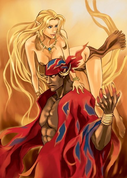kareji, barbariccia, rubicante, final fantasy, final fantasy iv, 1990s (style), 1boy, 1girl, bandana, barefoot, bikini, blonde hair, bracelet, horns, jewelry, loincloth, long hair, lots of jewelry, necklace, pointy ears, swimsuit, very long hair