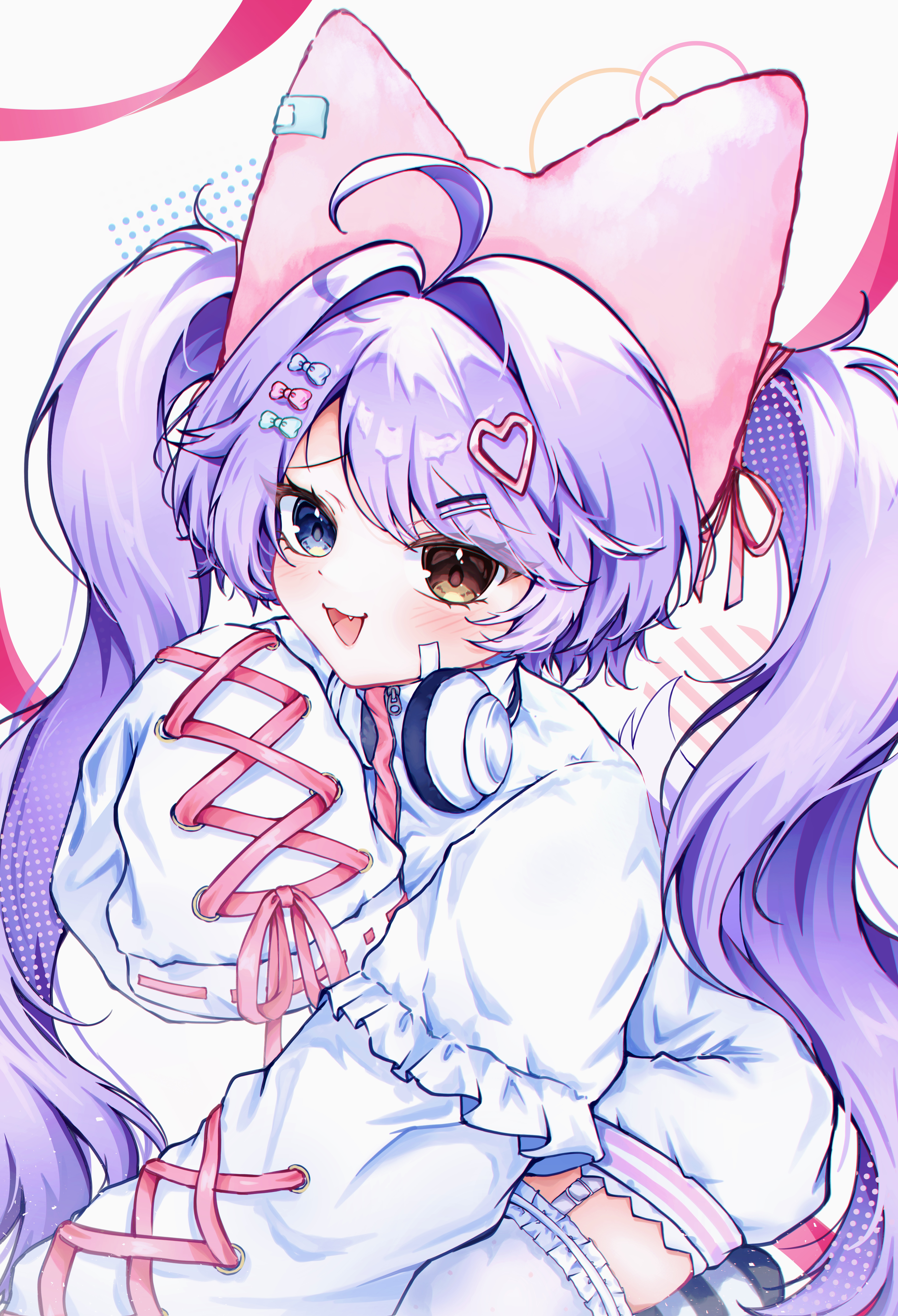 tenko shibuki, stellive, absurdres, commentary request, highres, korean commentary, 1girl, ahoge, blue eyes, blush, bow, brown eyes, cross-laced clothes, cross-laced sleeves, fang, frilled romper, frilled thighhighs, frills, garter straps, hair bow, hair intakes, hair ornament, headphones, headphones around neck, heart, heart hair ornament, heterochromia, long hair, looking at viewer, munui, open mouth, parted bangs, purple hair, romper, sleeves past fingers, sleeves past wrists, smile, solo, thighhighs, twintails, very long hair, very long sleeves, virtual youtuber, white background, white garter straps, white romper, white thighhighs, zipper pull tab