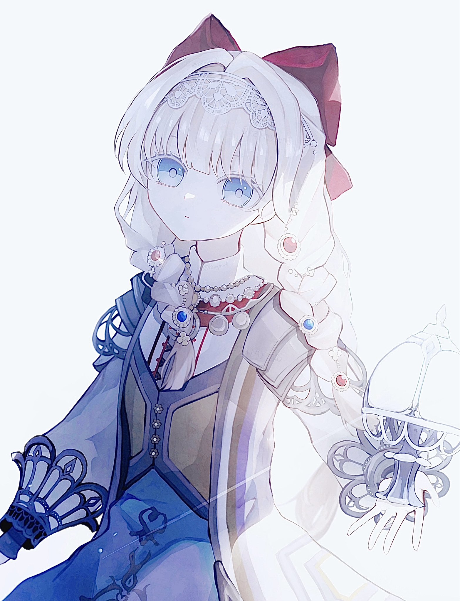 rainyam6, reverse:1999, highres, 1girl, blonde hair, blue eyes, bow, braid, closed mouth, coat, dot mouth, grey skirt, hair bow, holding, kiperina, long hair, low twin braids, official alternate costume, red bow, shirt, skirt, solo, twin braids, upper body, white background, white coat, white shirt, white skirt