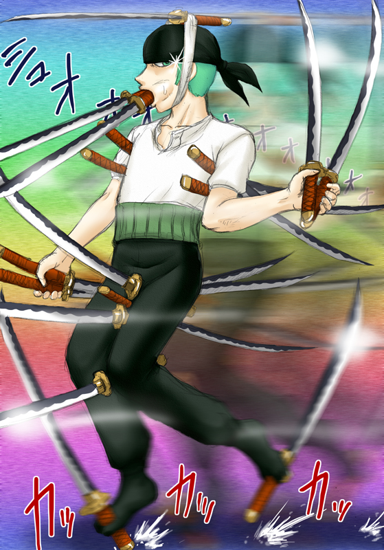 ujiga waita, roronoa zoro, one piece, 1boy, bandana, green eyes, green hair, katana, male focus, matching hair/eyes, mouth hold, parody, satire, short hair, solo, sword, weapon