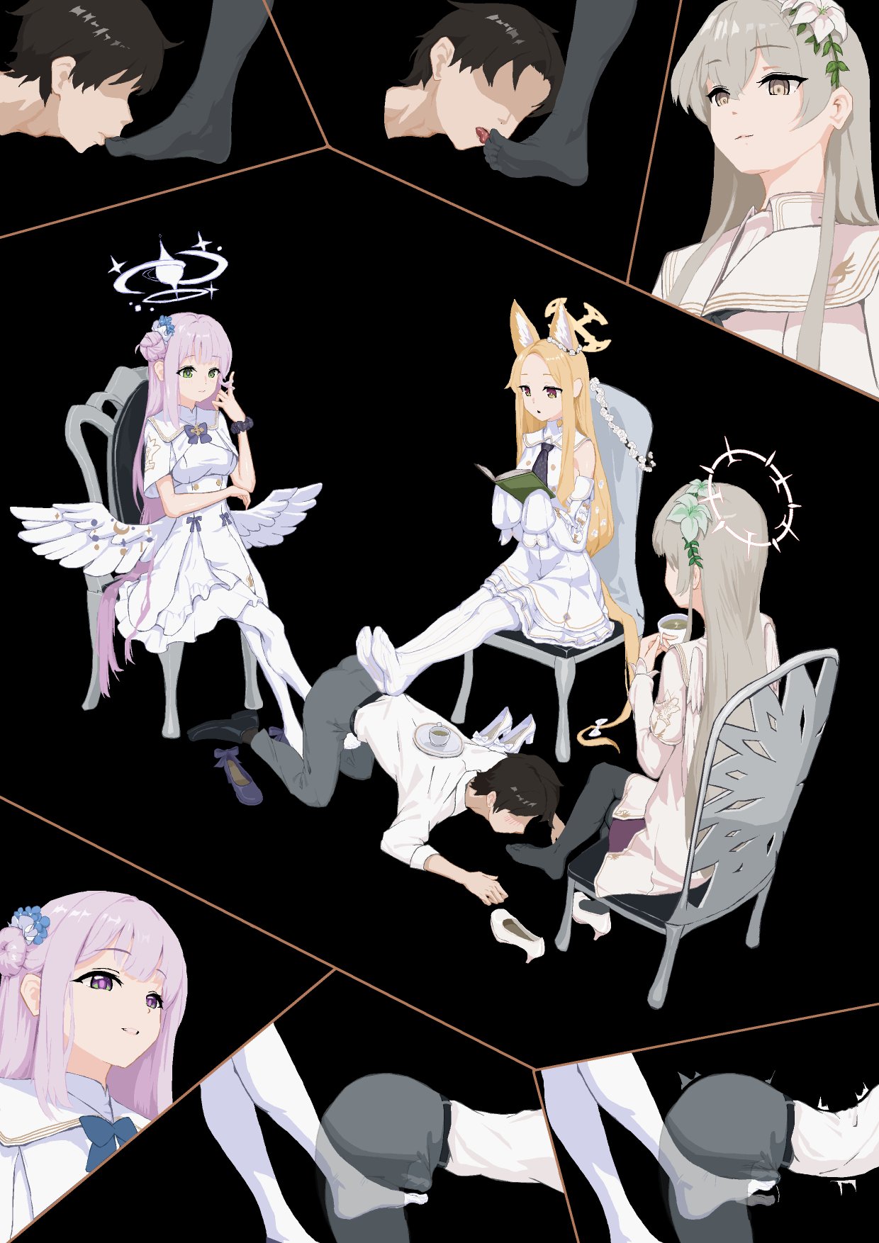 mika (blue archive), nagisa (blue archive), seia (blue archive), blue archive, highres, 1boy, 3girls, all fours, animal ears, black pantyhose, blonde hair, book, brown hair, capelet, chair, closed mouth, crossed legs, cup, dress, feet, femdom, flower, foot on another's back, footjob, footjob over clothes, fox ears, fox girl, fox tail, hair bun, hair flower, hair ornament, halo, hetero, holding, holding book, holding cup, licking, licking foot, long hair, multiple girls, no shoes, on chair, open book, pantyhose, pink hair, shoes, single side bun, sitting, solom games, tail, tea party (blue archive), unworn shoes, white capelet, white dress, white flower, white pantyhose, white wings, wings, yellow halo