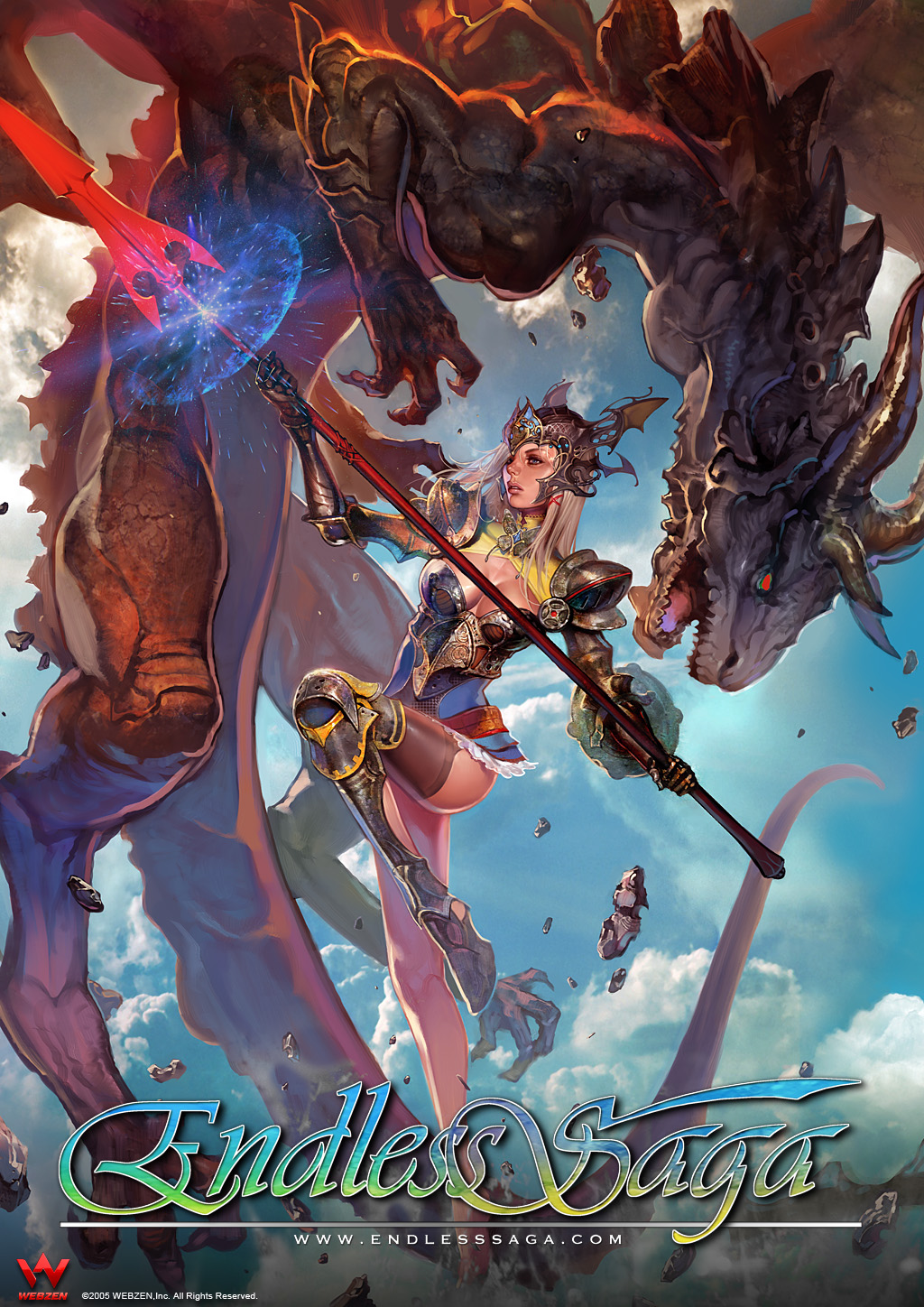 endless saga, highres, 1girl, armor, blue eyes, breasts, claws, cleavage, cloud, copyright notice, dark skin, day, dragon, fighting, flying, gauntlets, gloves, glowing, glowing eyes, greaves, helmet, horns, jumping, logo, long hair, open mouth, polearm, red eyes, shield, sky, spear, tail, watermark, weapon, web address, white hair, winged helmet