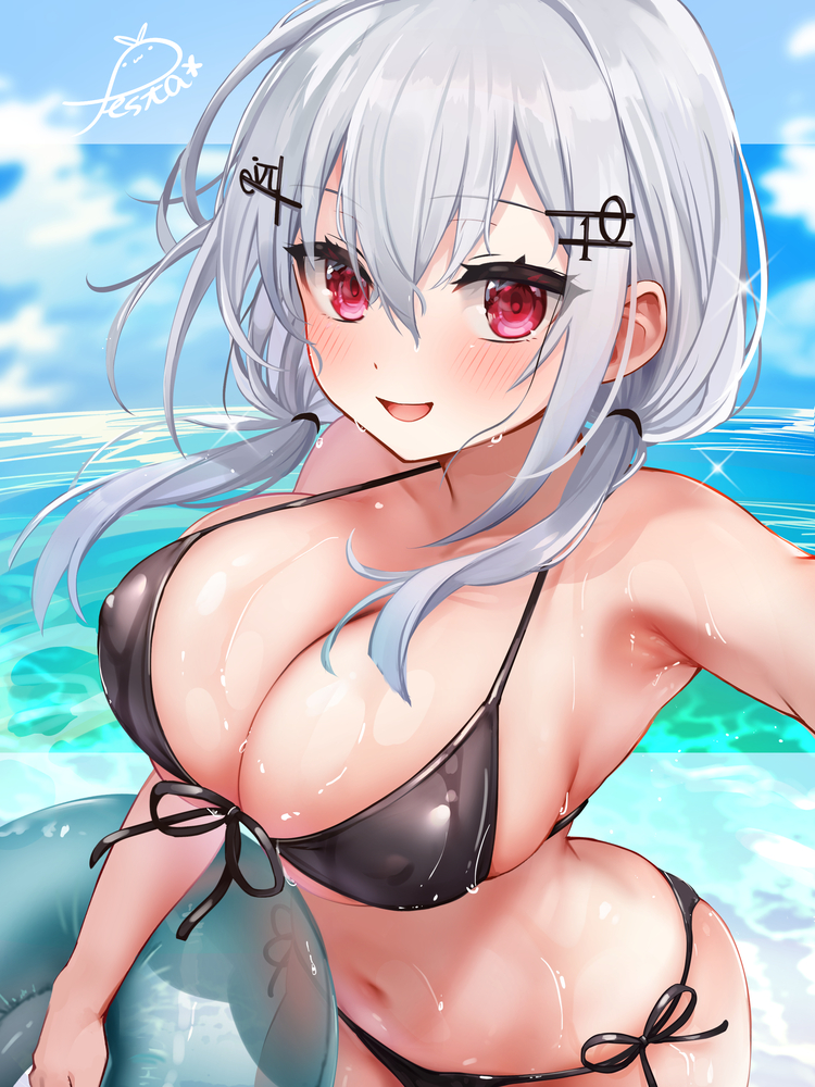 festa11307070, hakase fuyuki, nijisanji, 1girl, aqua innertube, armpits, bare shoulders, bikini, black bikini, blue sky, blush, breasts, cleavage, cloud, covered erect nipples, cowboy shot, day, floating hair, front-tie bikini top, front-tie top, grey hair, hair between eyes, hair ornament, hairclip, halterneck, holding, holding swim ring, innertube, large breasts, long hair, looking at viewer, low twintails, navel, ocean, open mouth, outdoors, red eyes, selfie, side-tie bikini bottom, sky, smile, solo, sparkle, string bikini, swim ring, swimsuit, twintails, virtual youtuber, water, wet