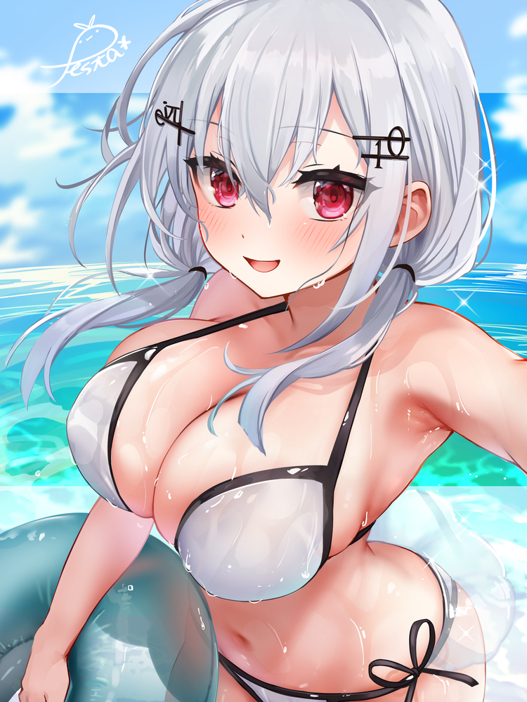 festa11307070, hakase fuyuki, nijisanji, 1girl, aqua innertube, armpits, bare shoulders, bikini, black trim, blue sky, blush, breasts, cleavage, cloud, cowboy shot, day, floating hair, grey hair, hair between eyes, hair ornament, hairclip, halterneck, holding, holding swim ring, innertube, large breasts, long hair, looking at viewer, low twintails, navel, ocean, open mouth, outdoors, red eyes, selfie, side-tie bikini bottom, sky, smile, solo, sparkle, swim ring, swimsuit, twintails, virtual youtuber, wet, white bikini