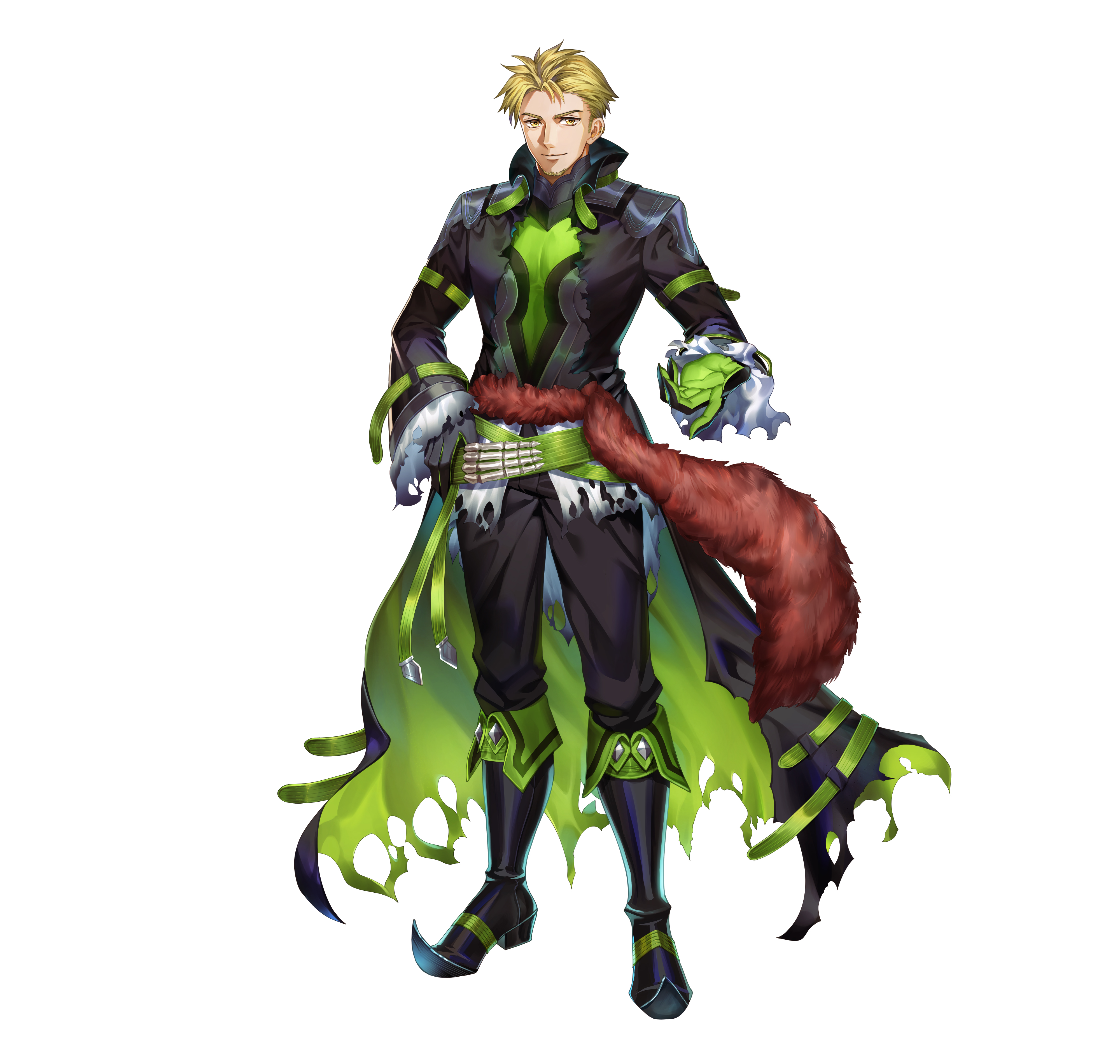 nemusuke, lloyd (fire emblem), fire emblem, fire emblem: the blazing blade, fire emblem heroes, nintendo, absurdres, commentary, english commentary, highres, official art, second-party source, 1boy, black pants, blonde hair, boots, coat, facial hair, full body, goatee, lloyd (resplendent) (fire emblem), male focus, pants, pointy boots, short hair, simple background, solo, standing, torn clothes, torn coat, two-sided fabric, white background, yellow eyes