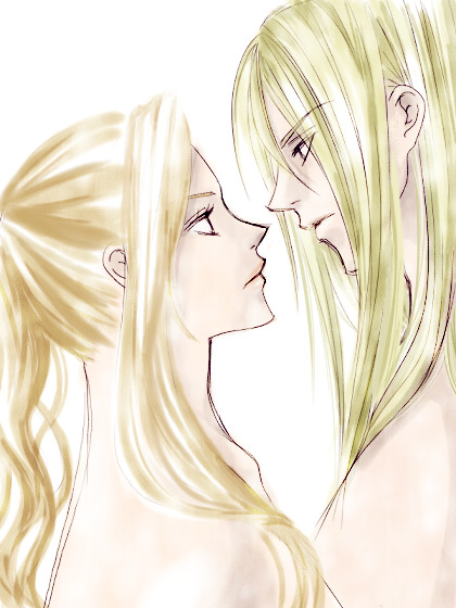 tae (artist), cain highwind, rosa farrell, final fantasy, final fantasy iv, 1990s (style), 1boy, 1girl, :o, blonde hair, blush, couple, eye contact, from side, long hair, looking at another, parted lips, profile, retro artstyle, simple background, white background