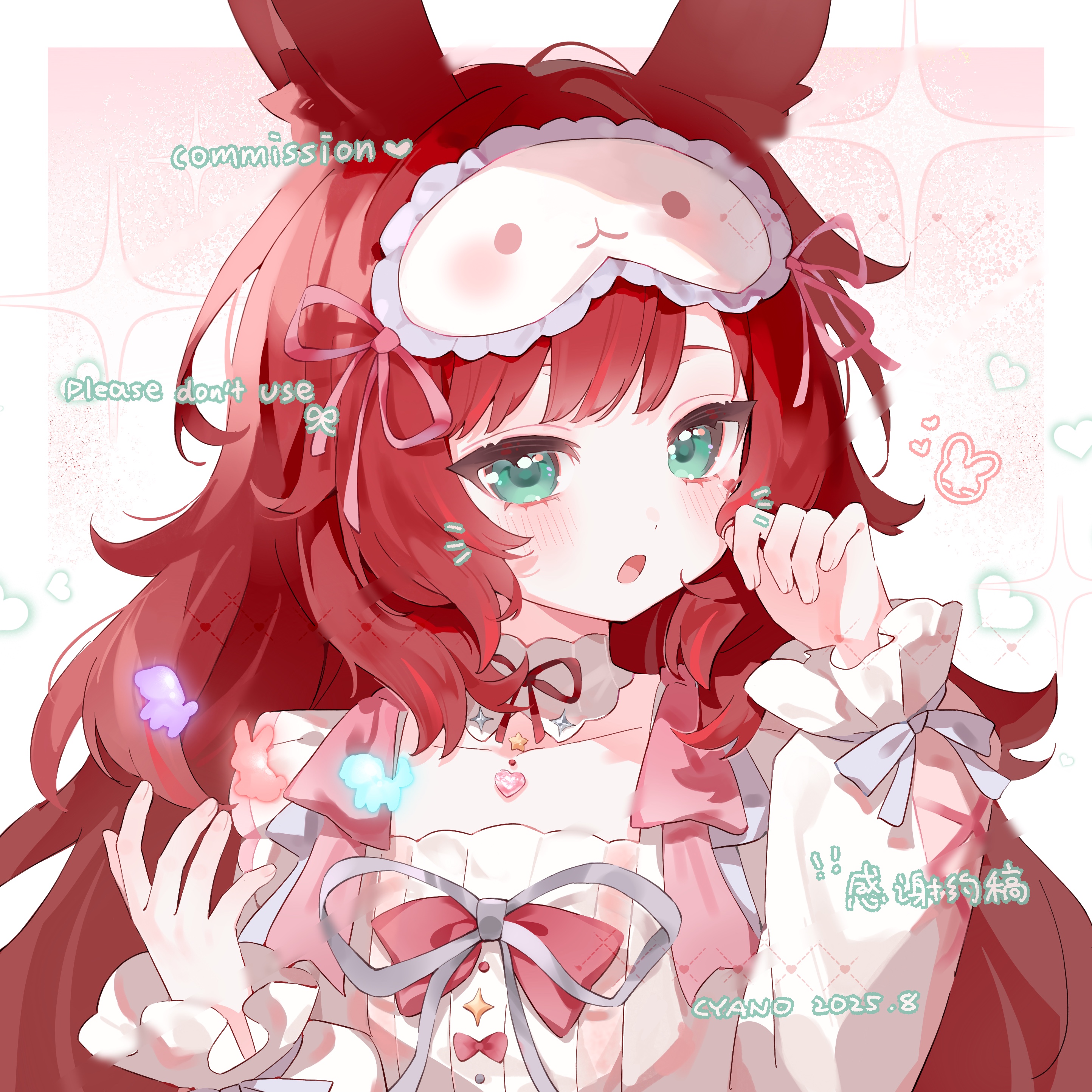cyano, original, absurdres, commission, highres, 1girl, animal ear fluff, animal ears, blush, bow, bowtie, dated, dress, green eyes, hand up, heart, long hair, long sleeves, open mouth, pink background, portrait, rabbit ears, rabbit girl, red bow, red bowtie, red hair, signature, sleep mask, solo, white dress