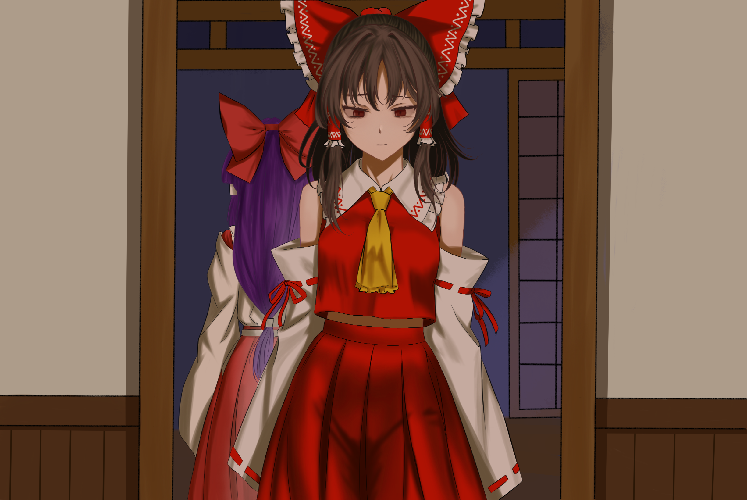 hakurei reimu, hakurei reimu (pc-98), touhou, touhou (pc-98), commentary, highres, 2girls, ascot, bow, breasts, brown hair, closed mouth, detached sleeves, different reflection, dual persona, frilled bow, frilled hair tubes, frills, hair bow, hair tubes, hakama, japanese clothes, long hair, mirror, multiple girls, pleated skirt, purple hair, red bow, red eyes, red hakama, red skirt, reflection, ribbon-trimmed sleeves, ribbon trim, skirt, skirt set, yellow ascot, zhaoxi ran gu