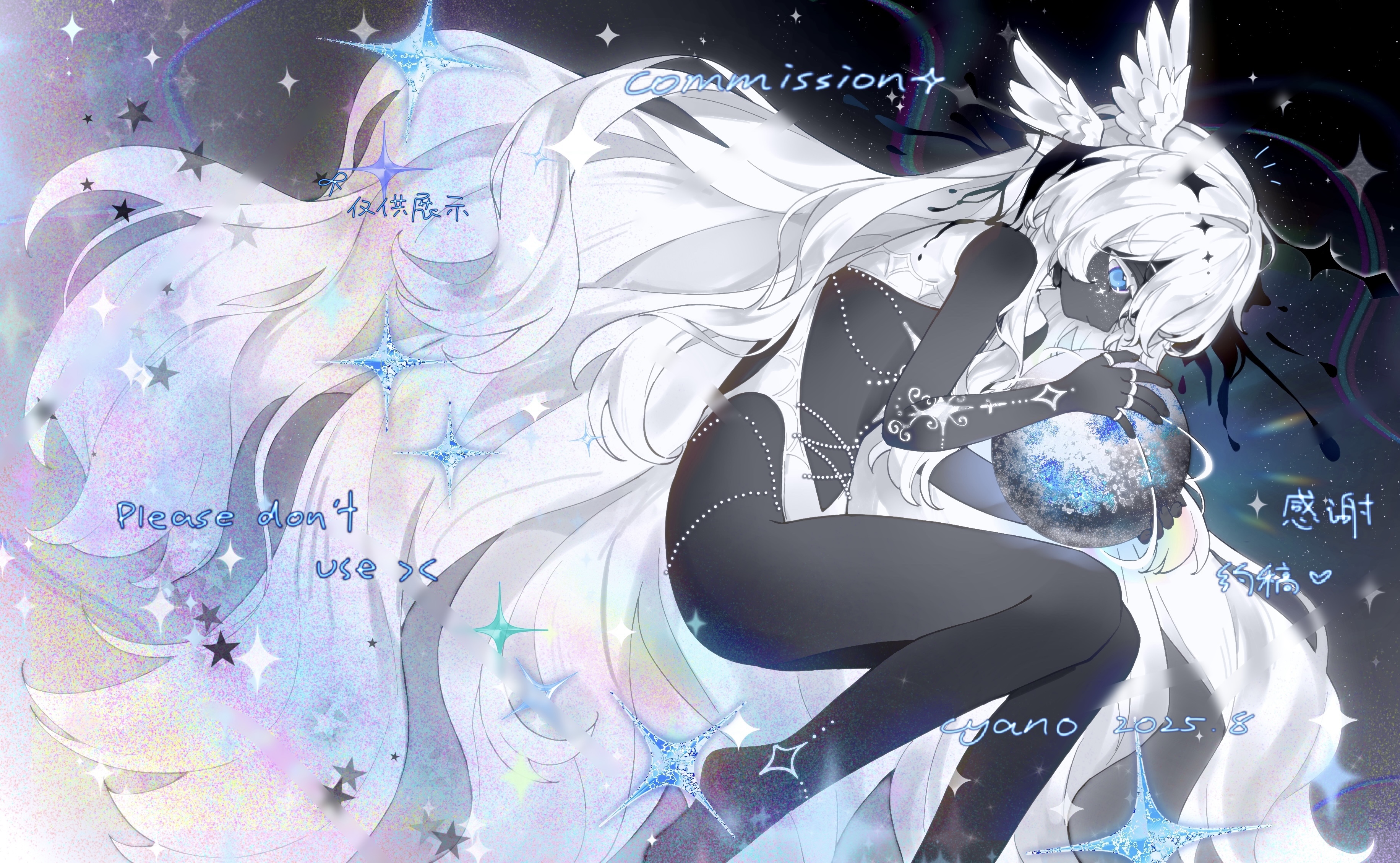 cyano, original, absurdres, commission, highres, 1girl, black skin, blue eyes, closed mouth, colored skin, fetal position, foot out of frame, head wings, long hair, solo, sparkle, very long hair, white hair, wings
